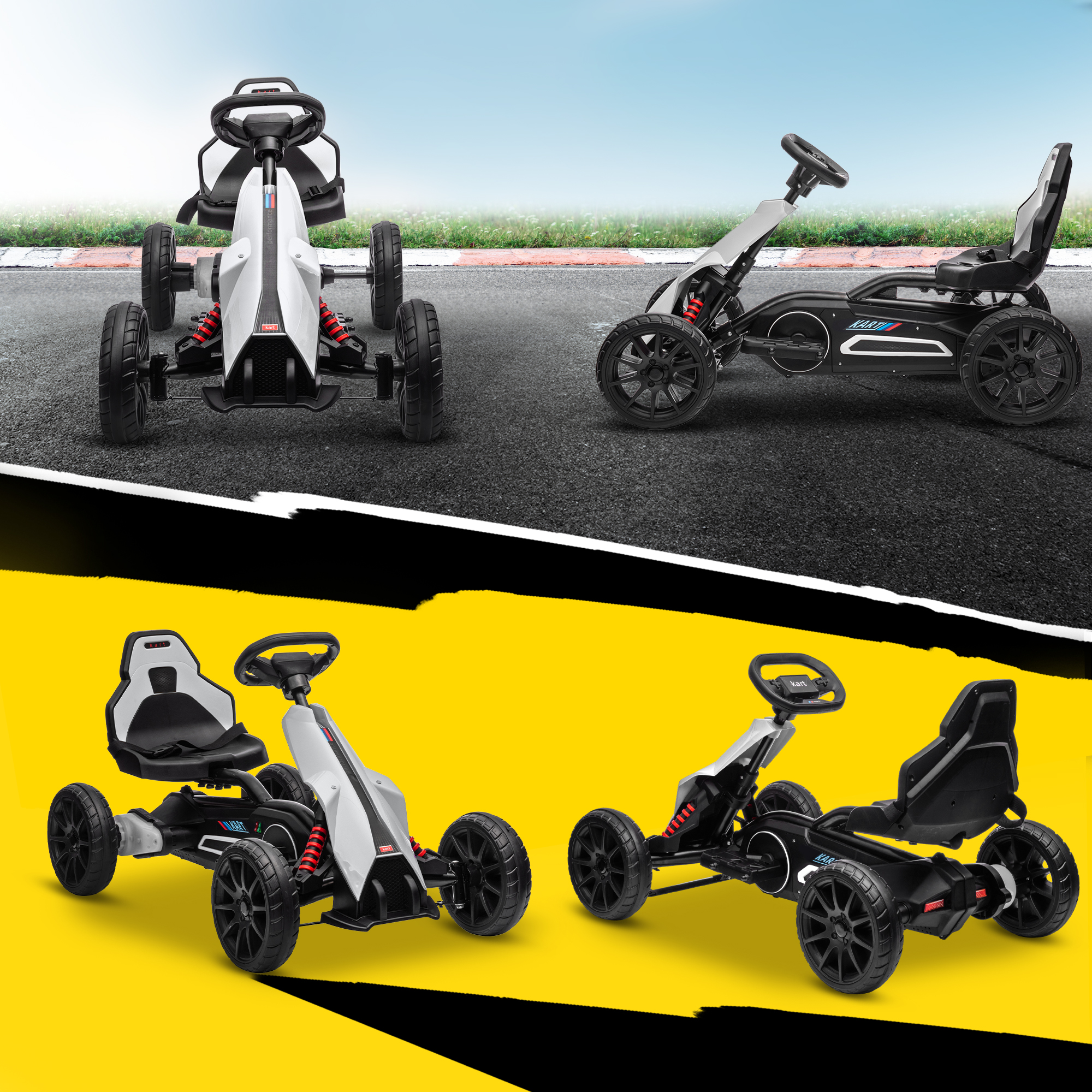 Dos karts, uno blanco y otro negro, sobre superficie de asfalto.