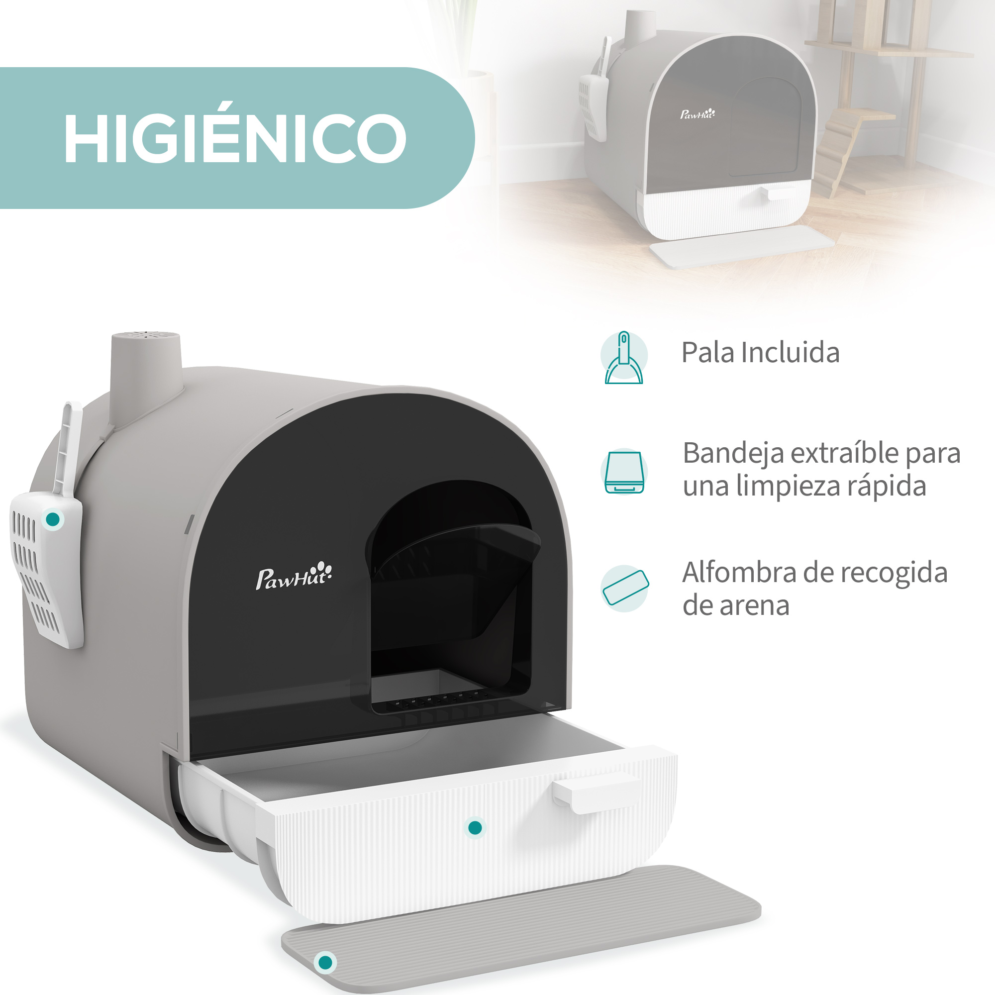 Caja de arena gris con cajón extraíble, pala y alfombra. Diseño higiénico.
