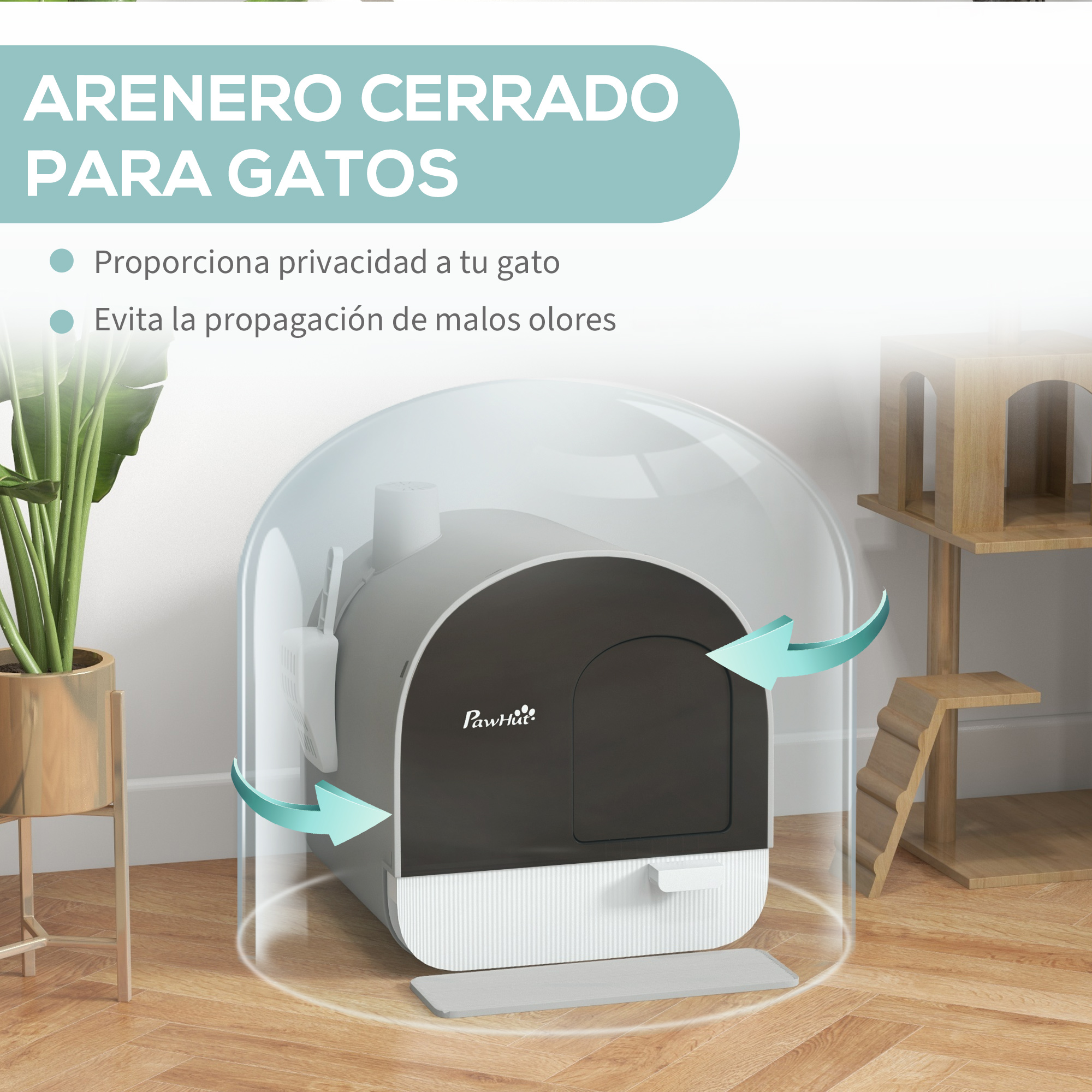 Arenero cerrado para gatos con diseño moderno y purificación de aire.