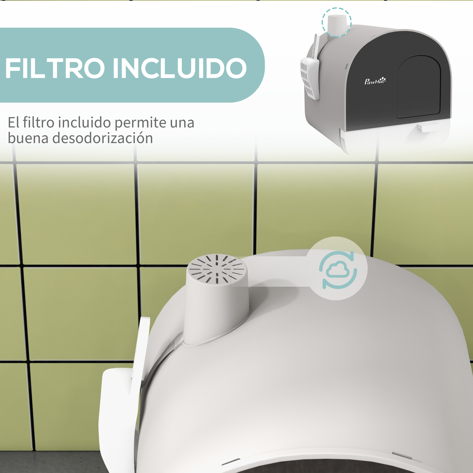 Una caja de arena gris con ventilación y pala.