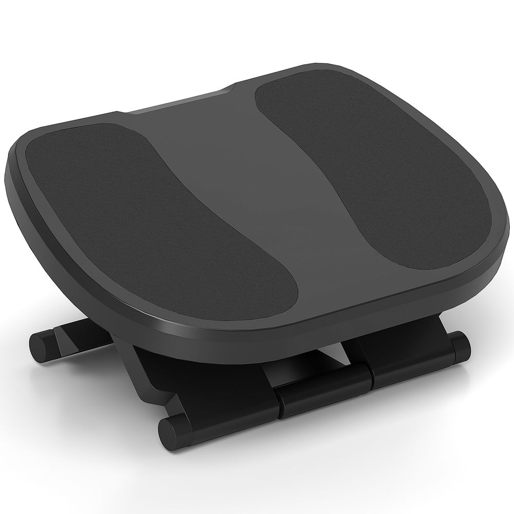 Reposapiés ergonómico negro con superficie antideslizante y patas ajustables.