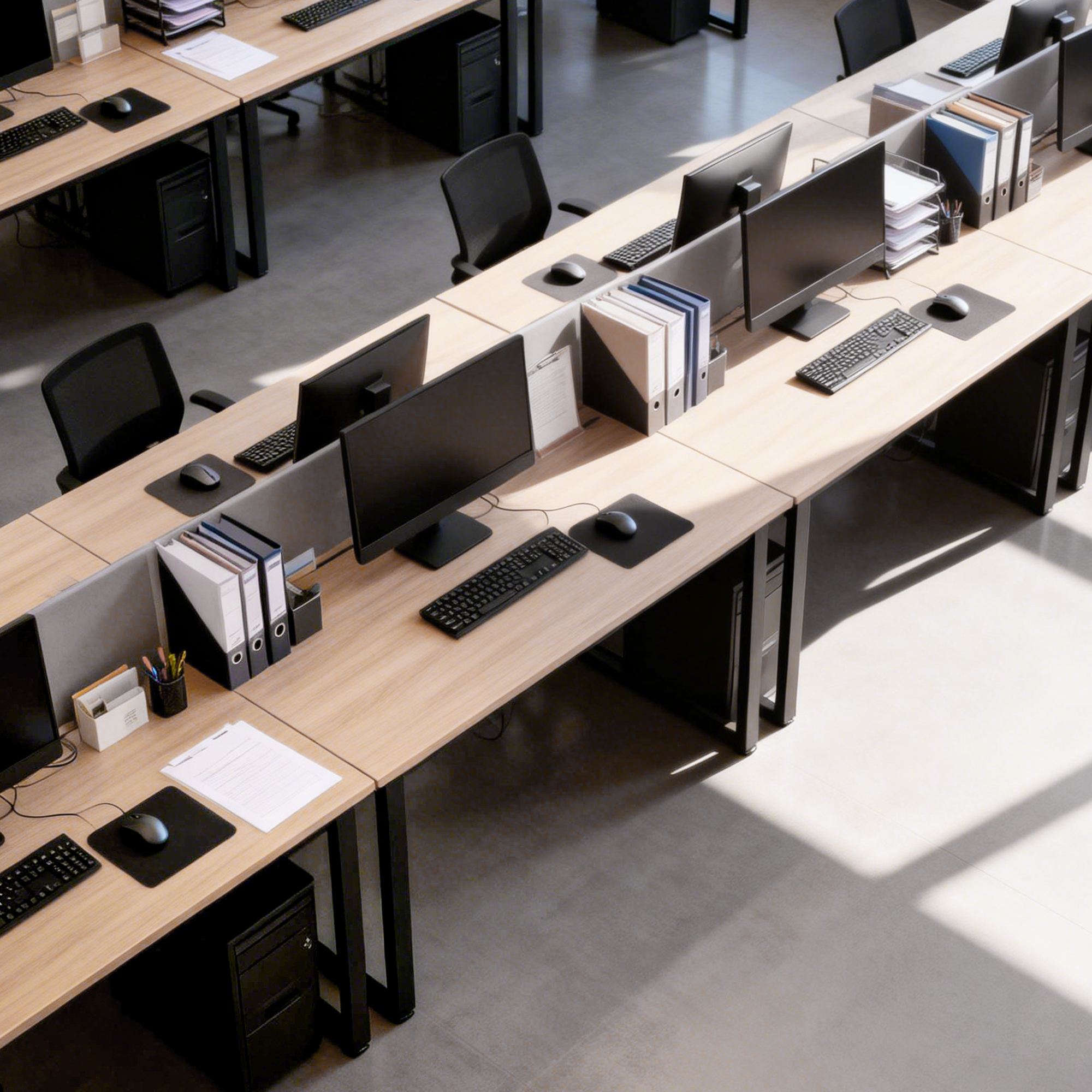 Oficina con varios escritorios, computadoras, sillas y carpetas.