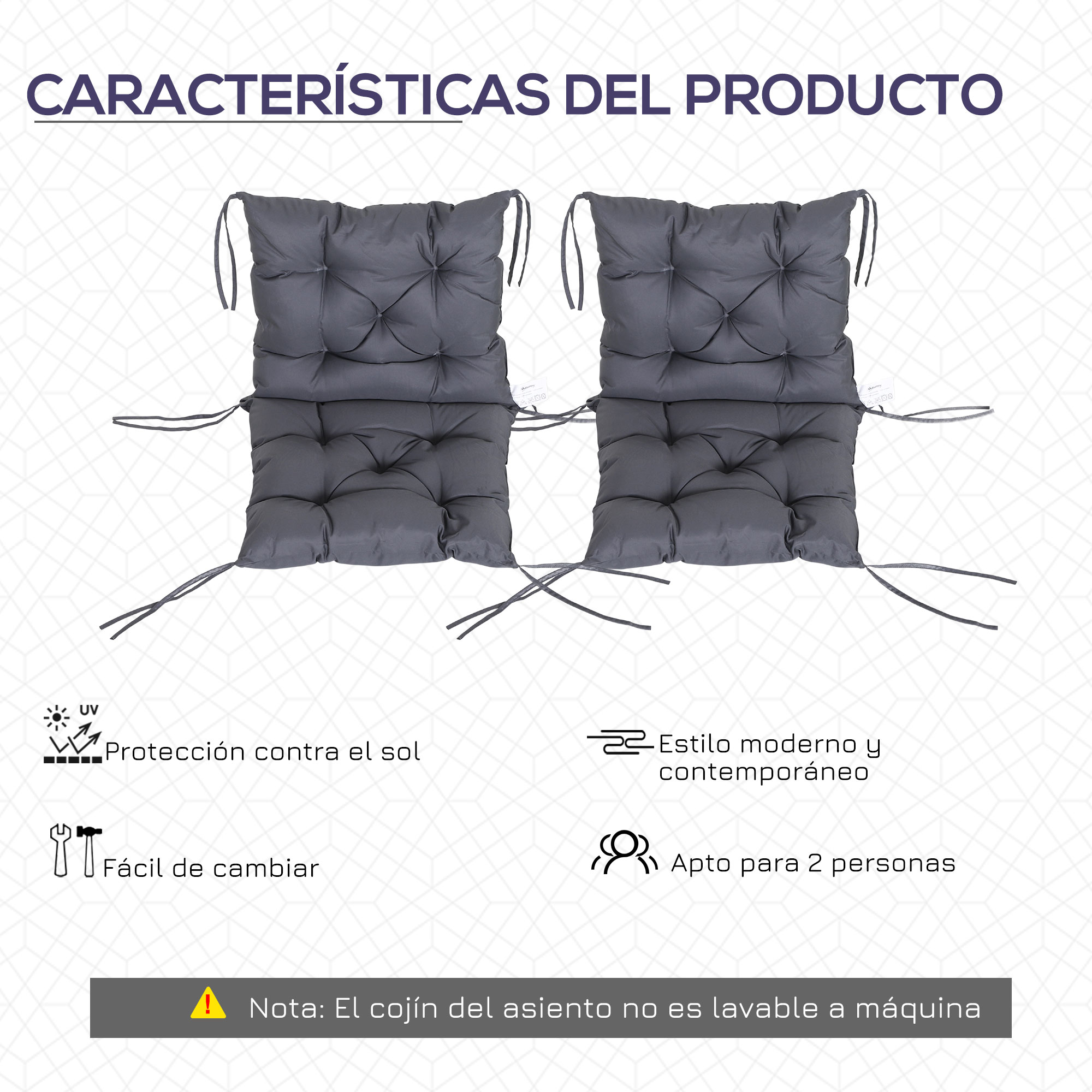 Dos cojines grises con lazos, protección UV y diseño moderno.