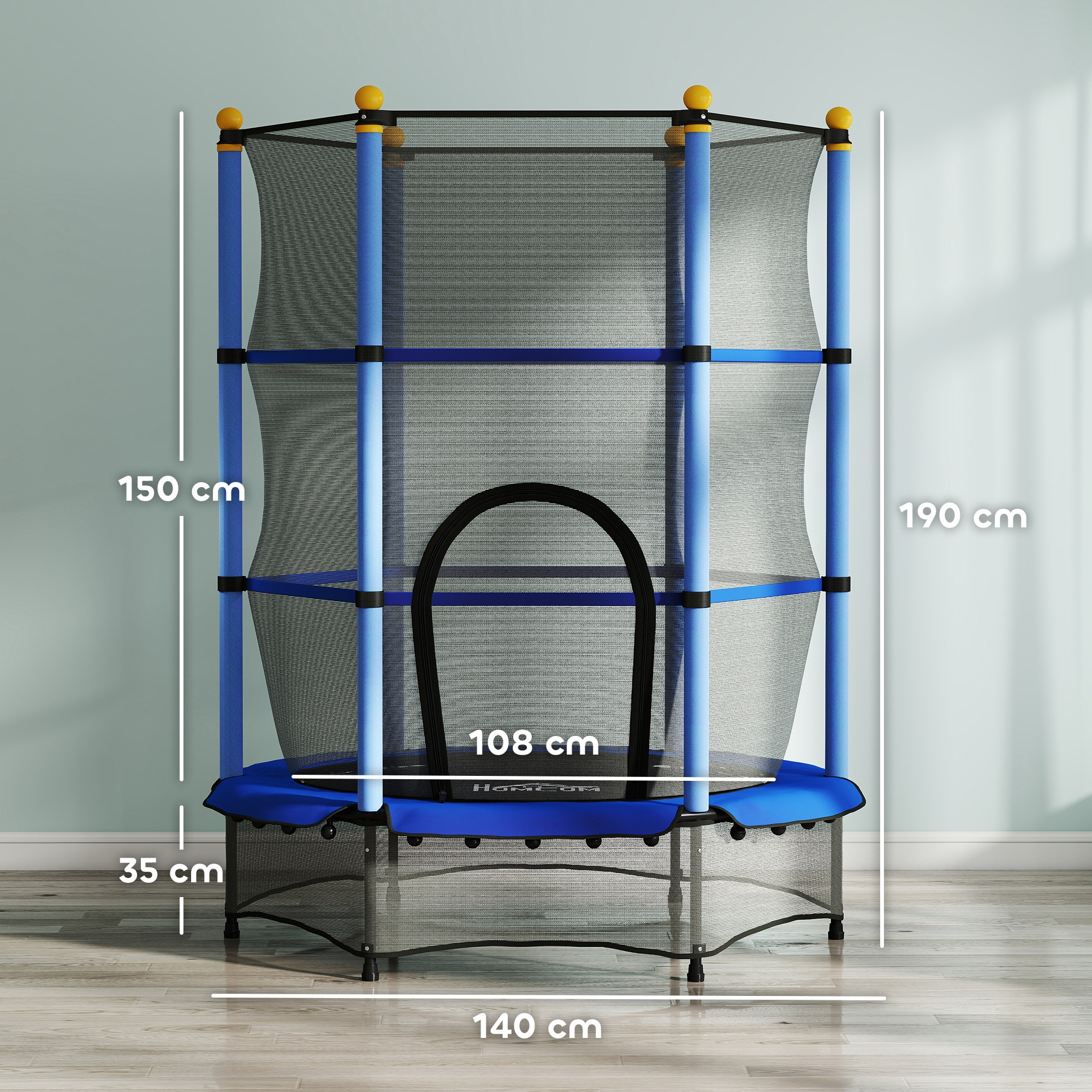 Un trampolín azul con red, mide 140x108x190 cm.