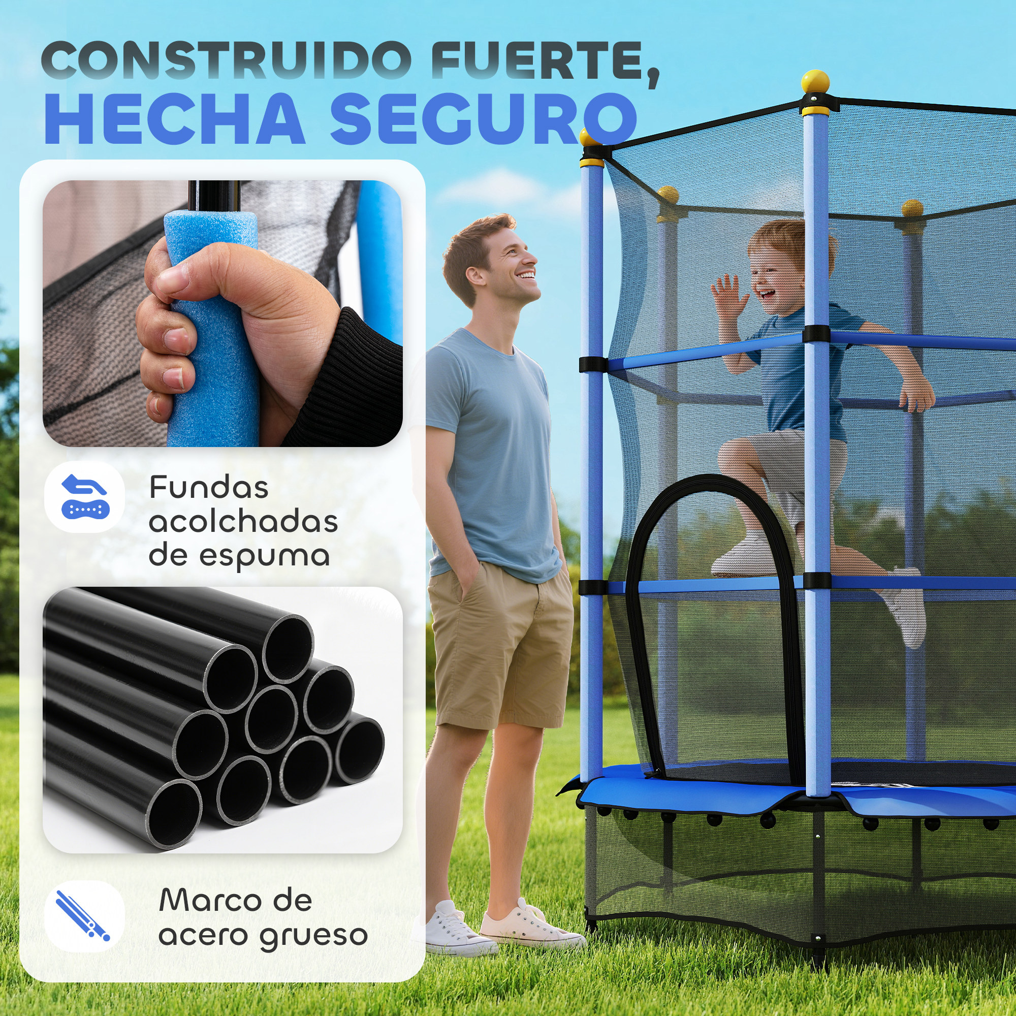 Hombre y niño en trampolín exterior con texto sobre acolchado de espuma y marco de acero.