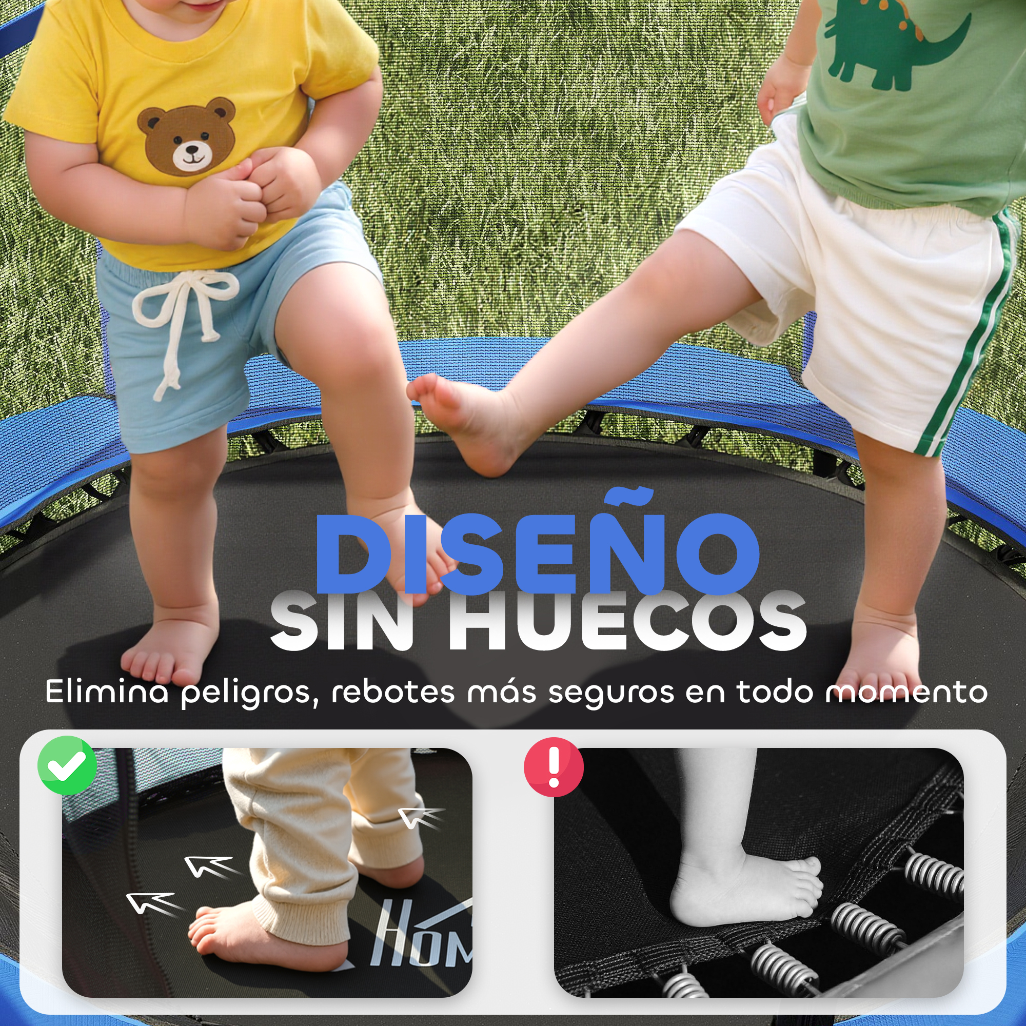 Dos niños pequeños en un trampolín. Uno lleva una camiseta amarilla con un oso.