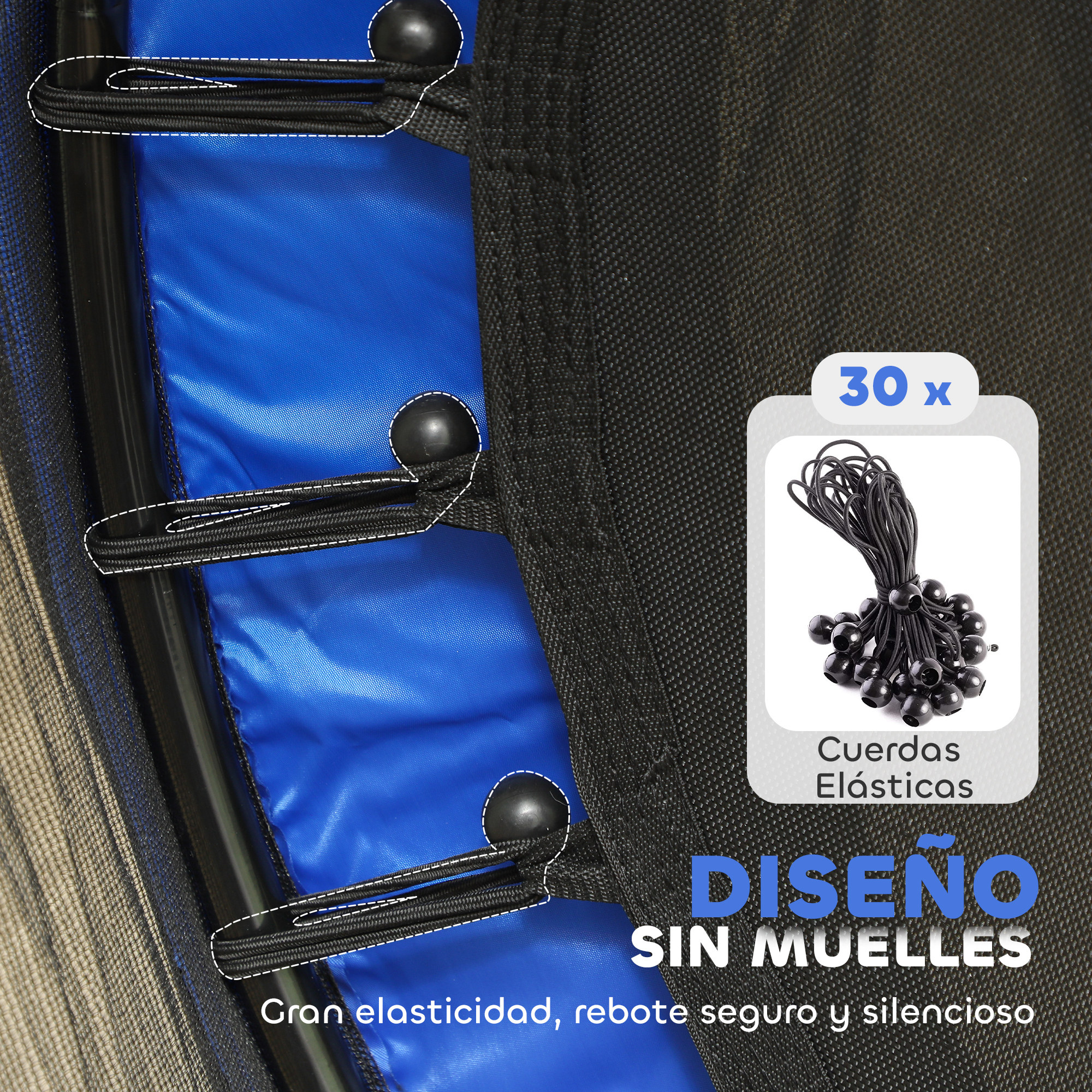 Primer plano de un trampolín con acolchado azul y cuerdas elásticas negras.