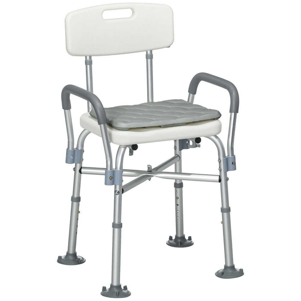 Una silla de ducha blanca y gris con respaldo y reposabrazos sobre fondo blanco.