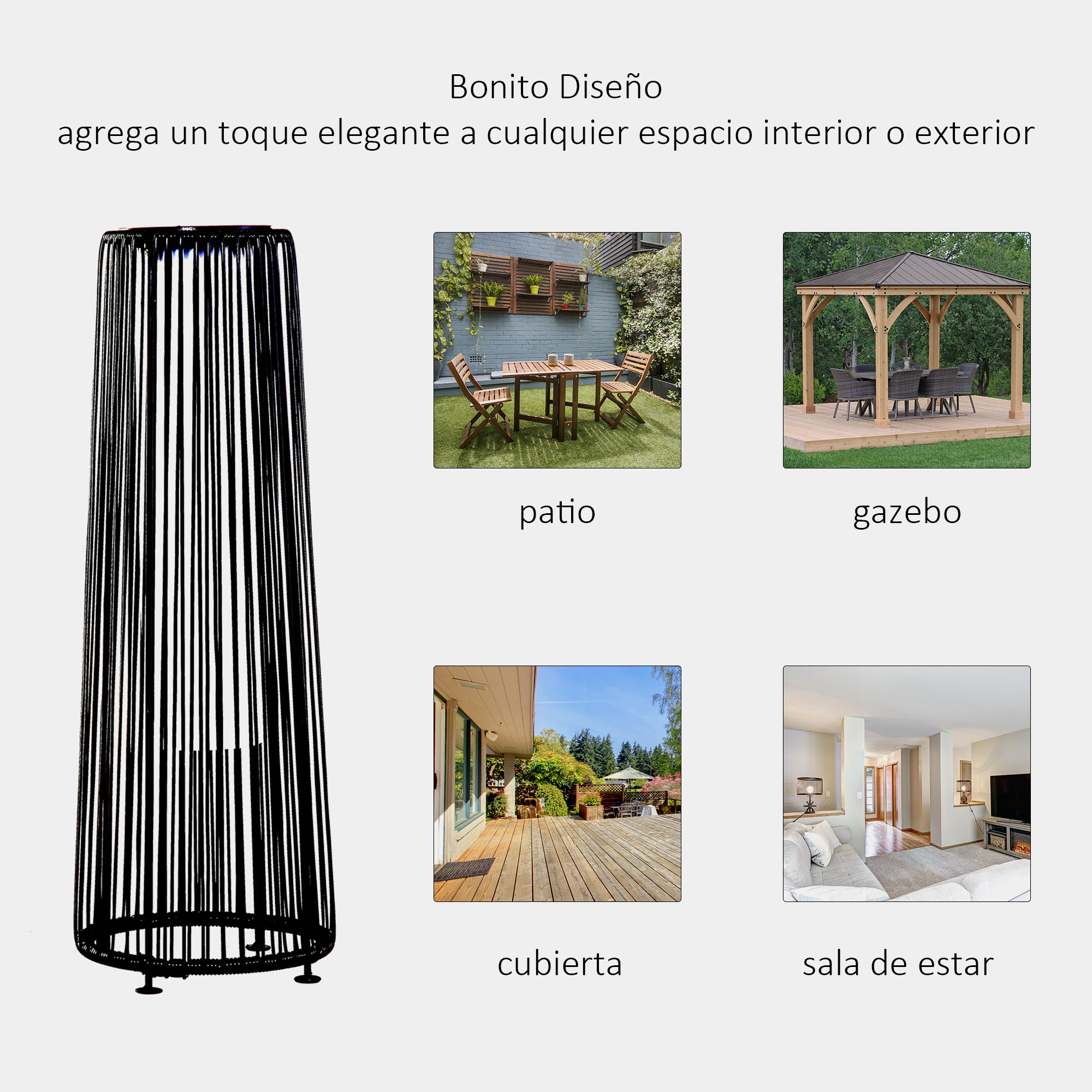 Lámpara negra alta con base estampada junto a escenas de exterior e interior.
