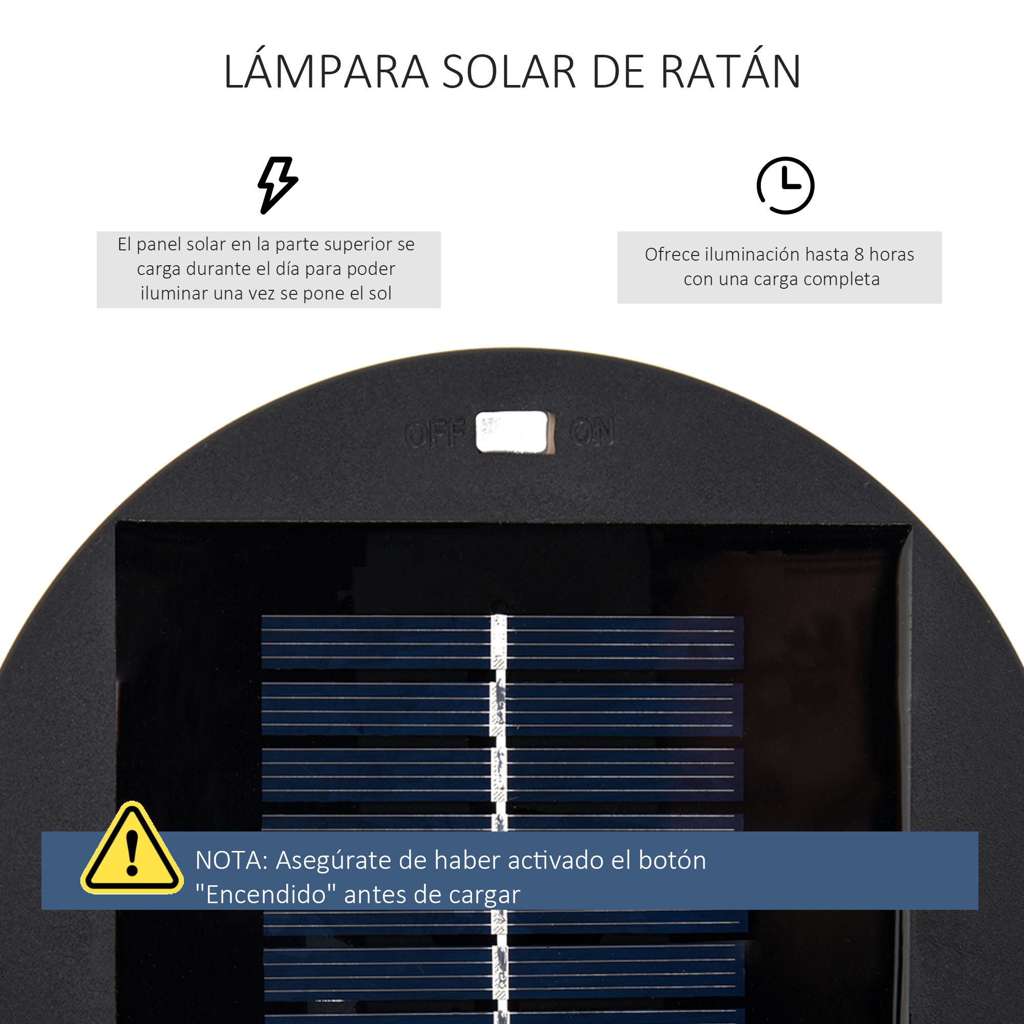 Lámpara solar de ratán con panel solar, indicador de carga y interruptor.