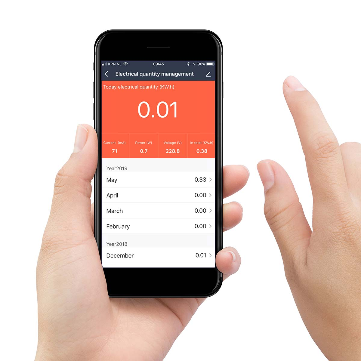 A smartphone displays electrical consumption data, including daily usage and monthly summaries.