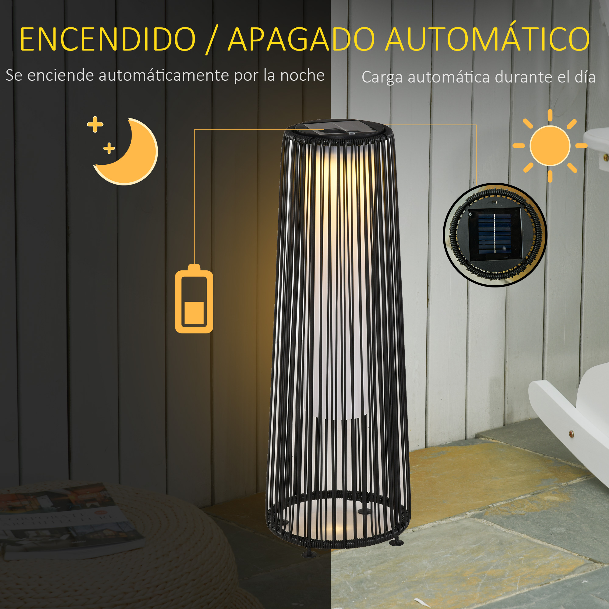 Lámpara solar con encendido/apagado automático. Carga de día, ilumina de noche.