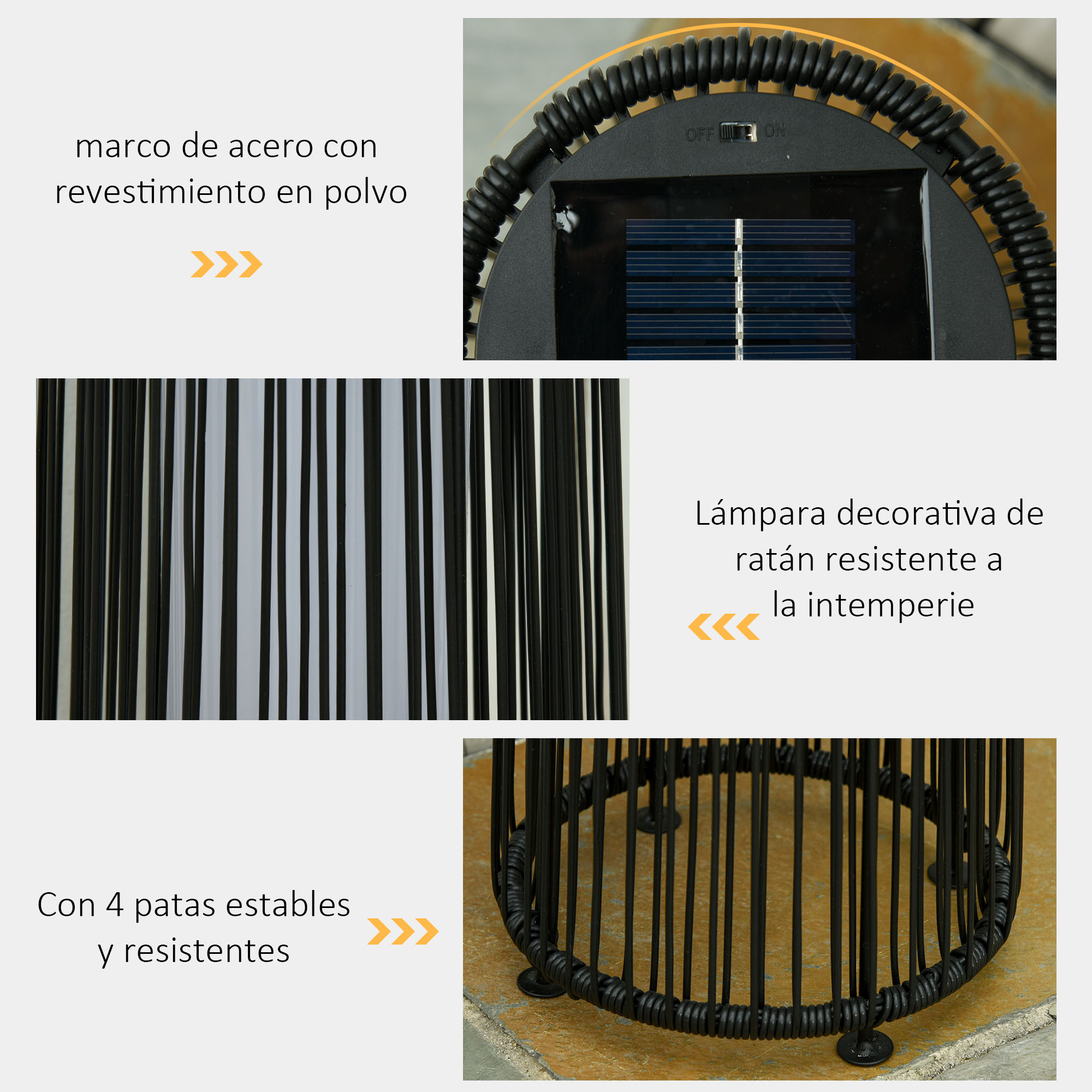 Lámpara decorativa de ratán con marco de acero y 4 patas estables.