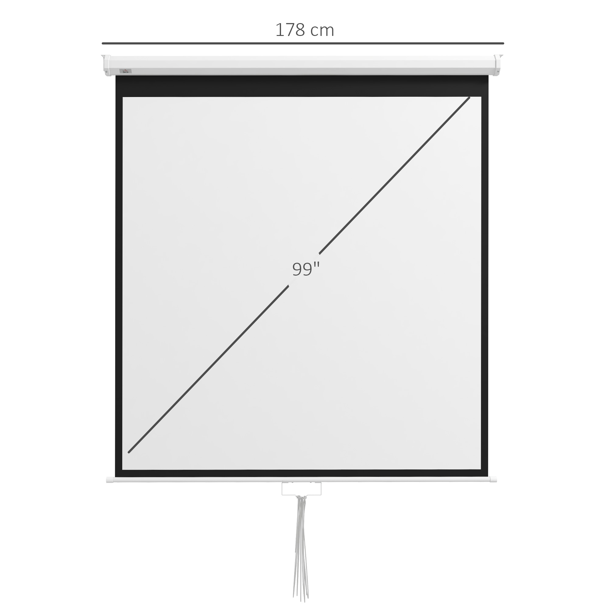 Una pantalla blanca de 99 pulgadas con borde negro, 178 cm de ancho.