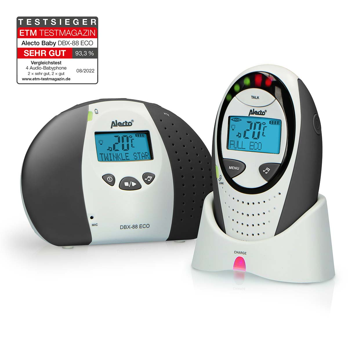 Dwa nianie elektroniczne Alecto Baby DBX-88 ECO z niebieskimi wyświetlaczami i naklejką testową.