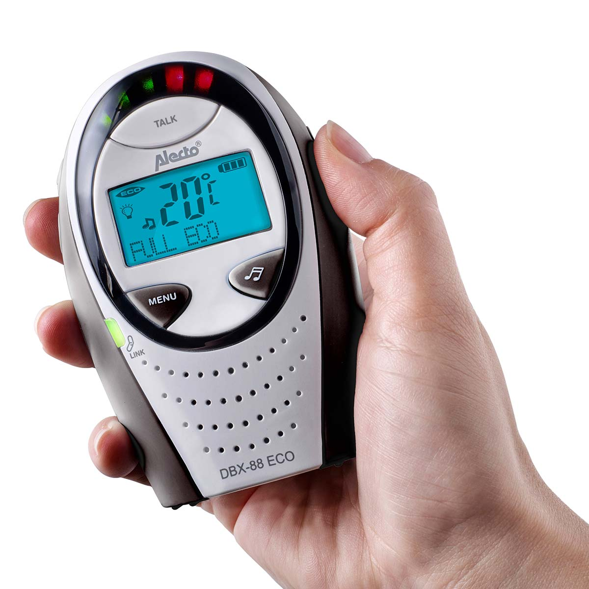 Dłoń trzyma nianię elektroniczną Alecto DBX-88 ECO. Ekran pokazuje 20 stopni.