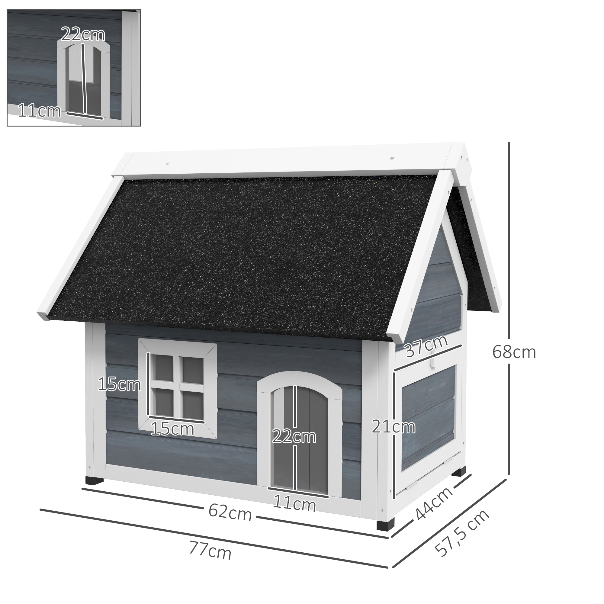 Una casa de perro de madera gris y blanca con dimensiones.
