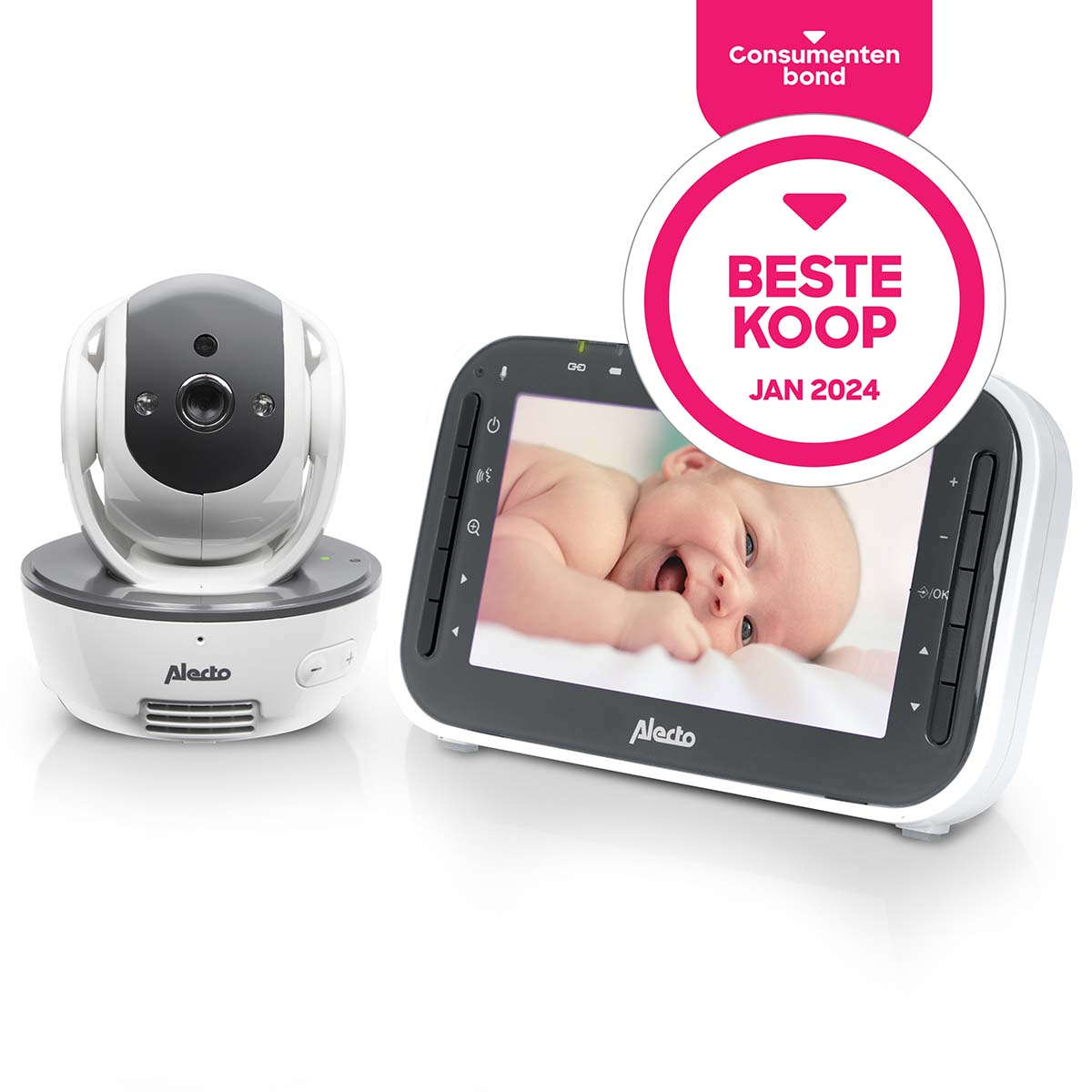 A baby monitor with camera and screen displaying a baby.