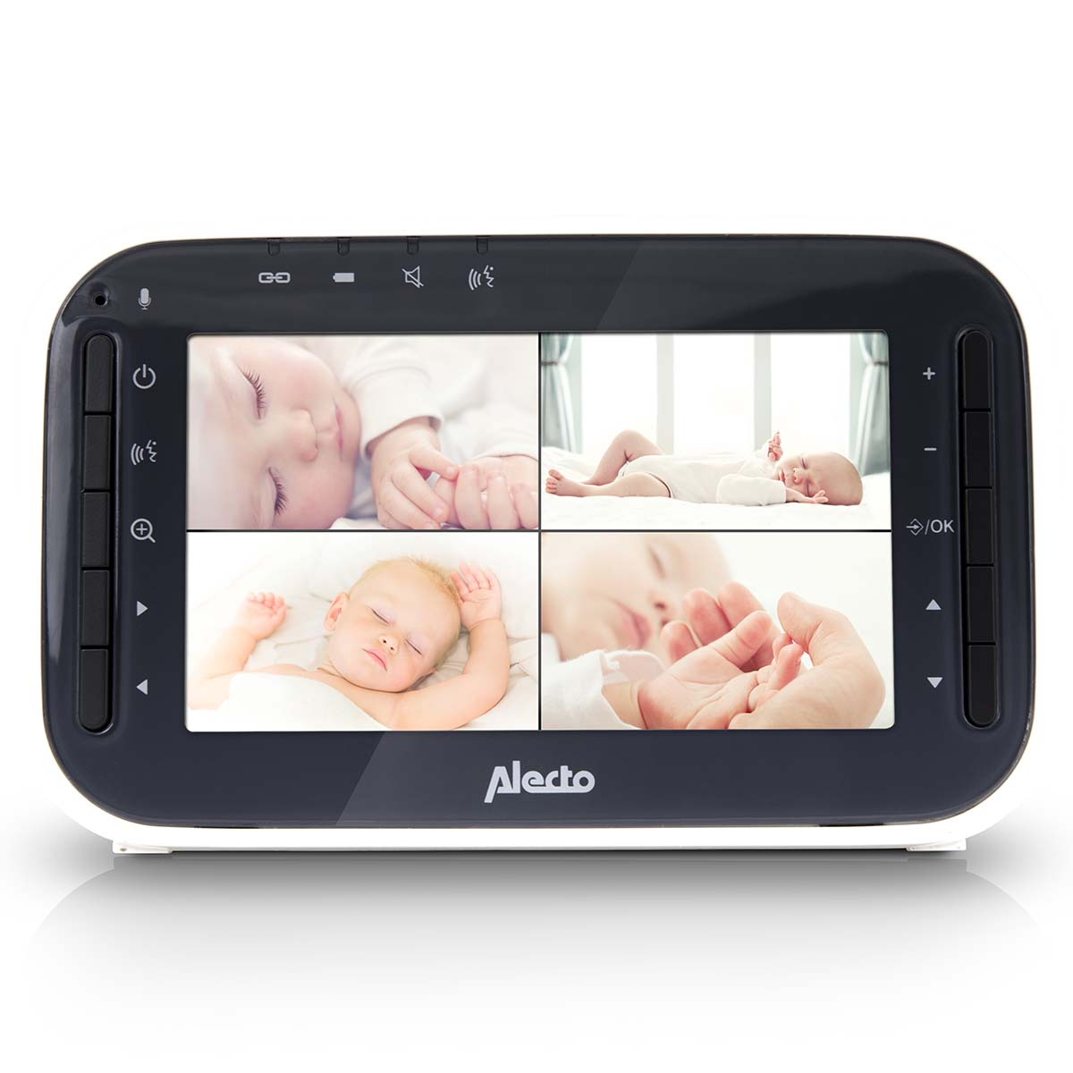 Ein Babyphone zeigt vier Bilder von schlafenden Babys.