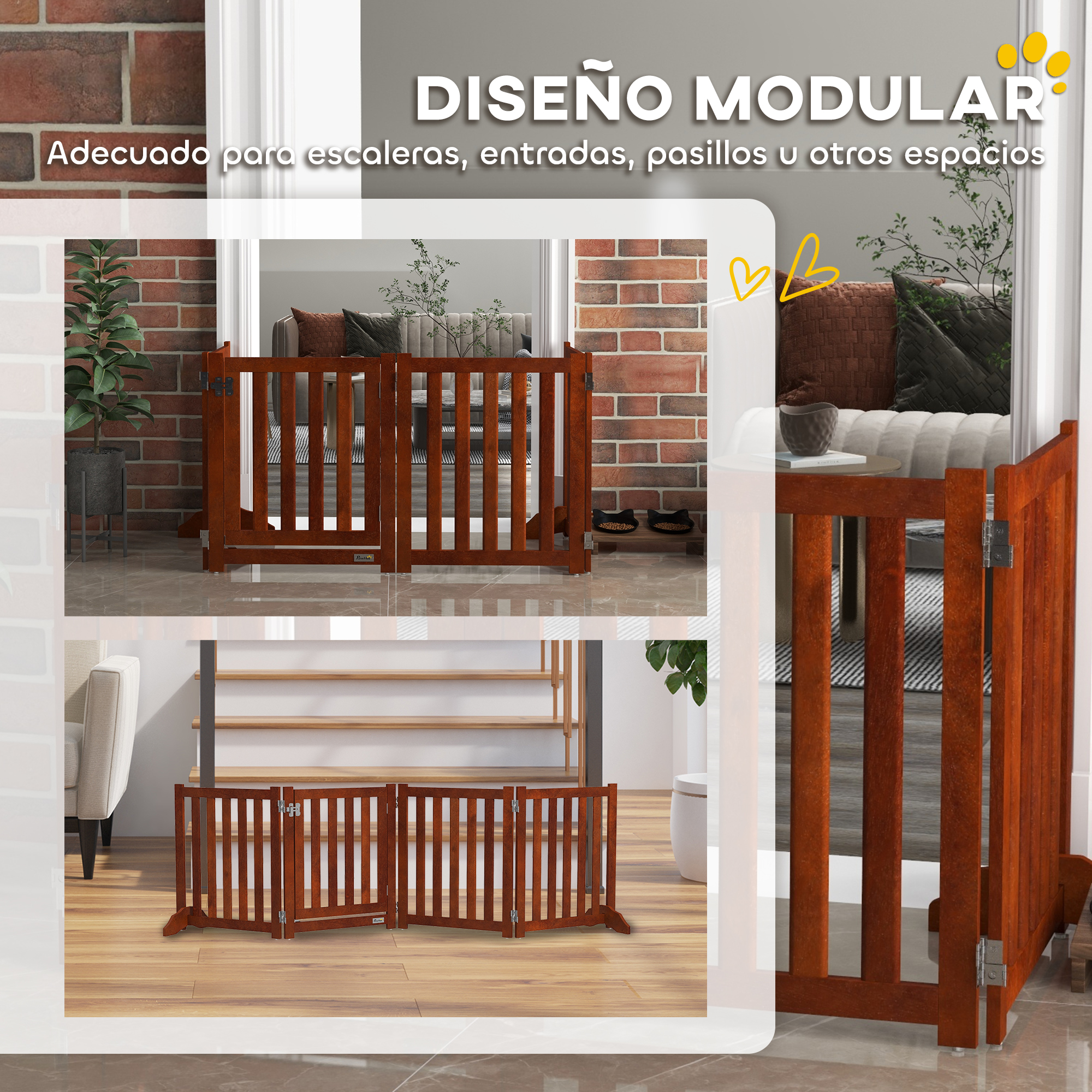 Barrera de madera para escaleras y puertas, mostrada en varias configuraciones.