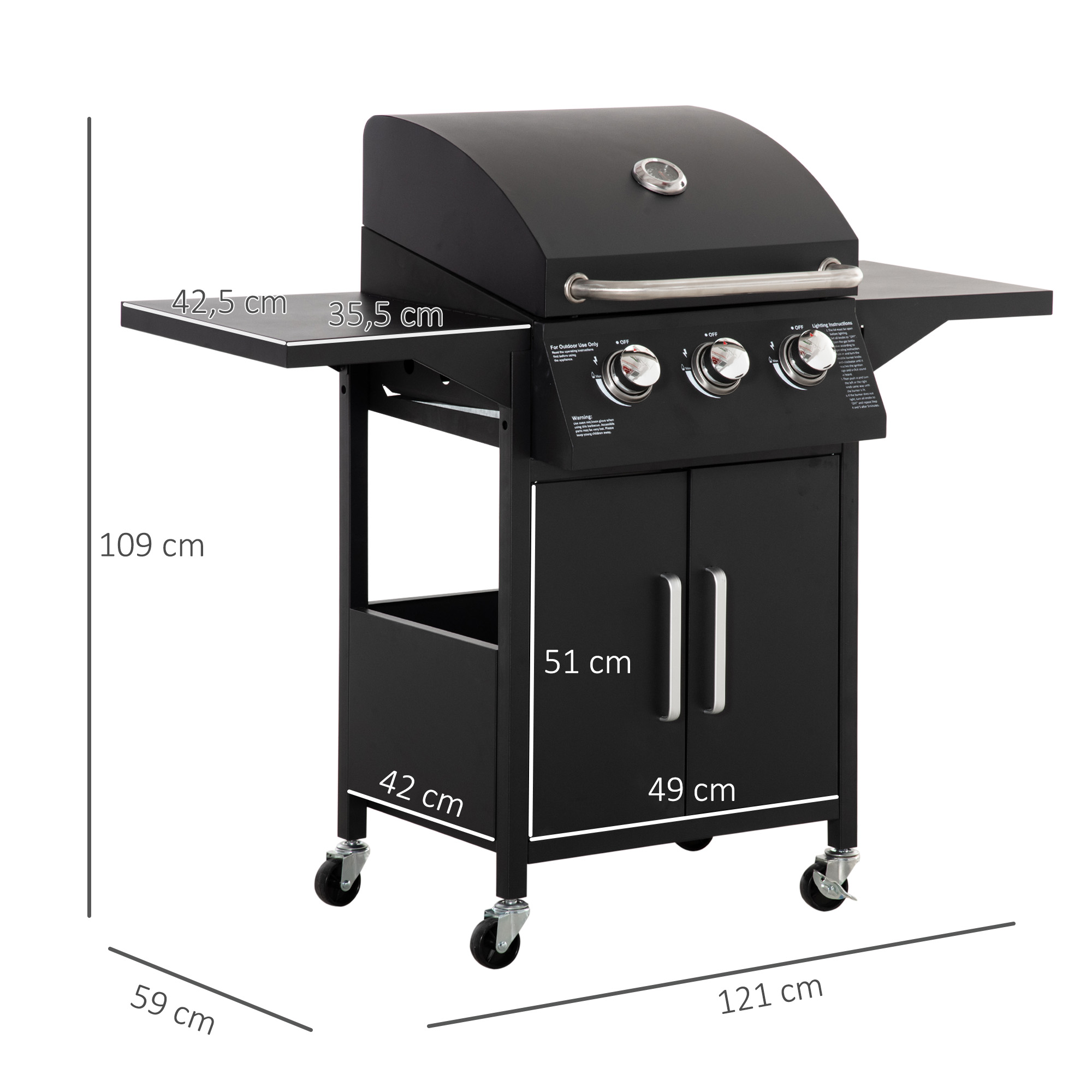Parrilla de gas negra con dos mesas laterales, panel de control y armario.