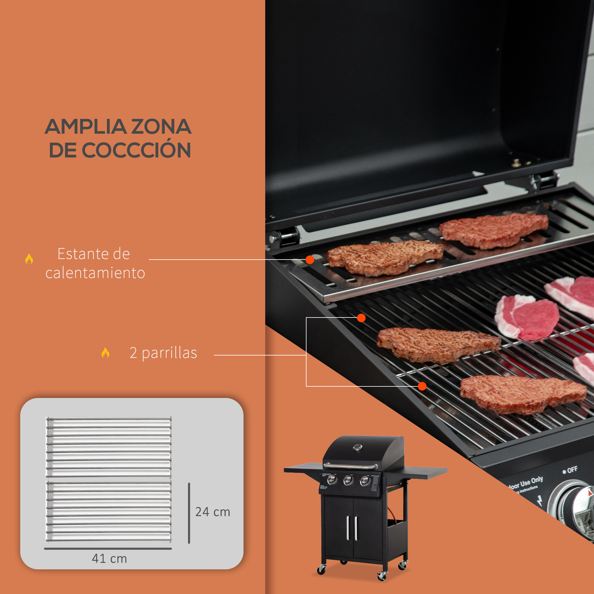 Una parrilla con carne en sus rejillas y una rejilla para calentar.