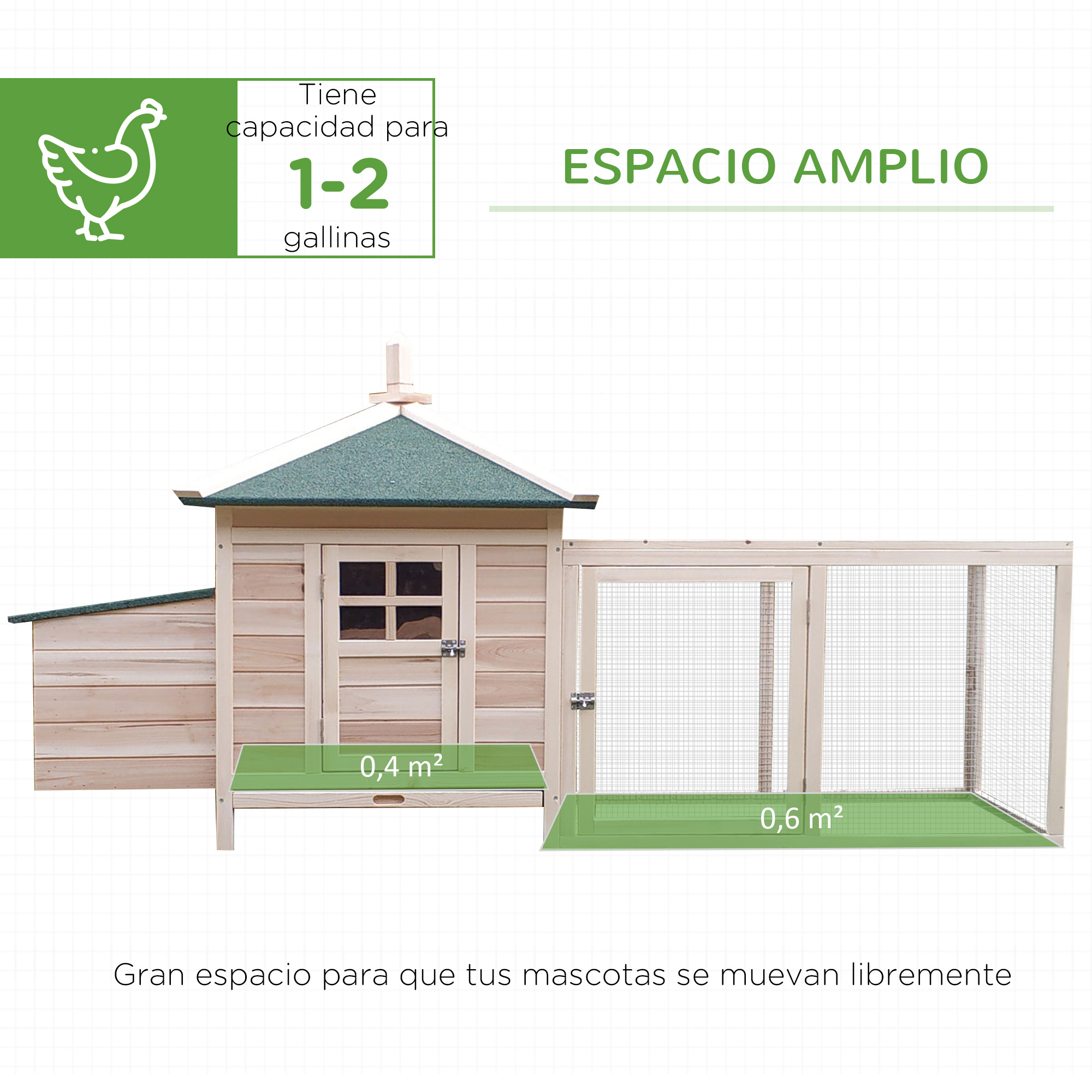 Un gallinero de madera con dos secciones, una de 0,4 m² y otra de 0,6 m².