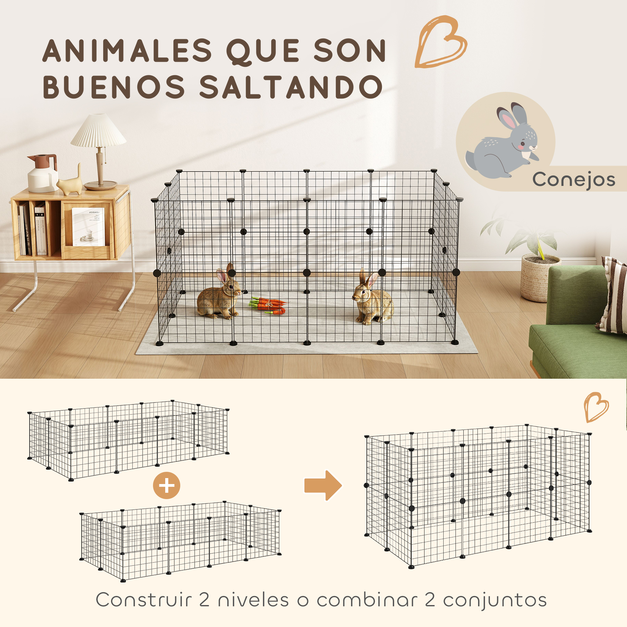 Dos conejos en una jaula de alambre con zanahorias. Abajo: diagrama de montaje.