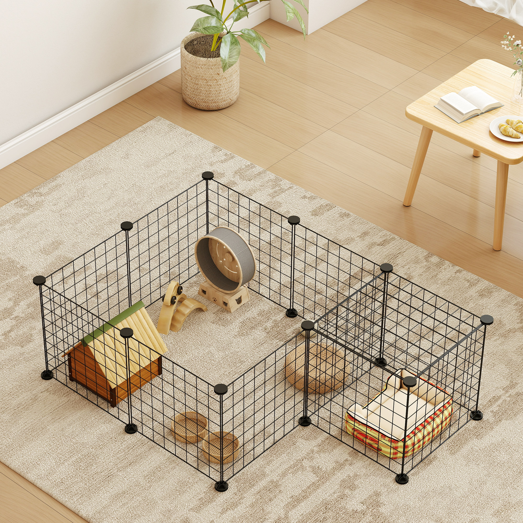 Un recinto de alambre con juguetes para animales pequeños, casa, rueda y cama.