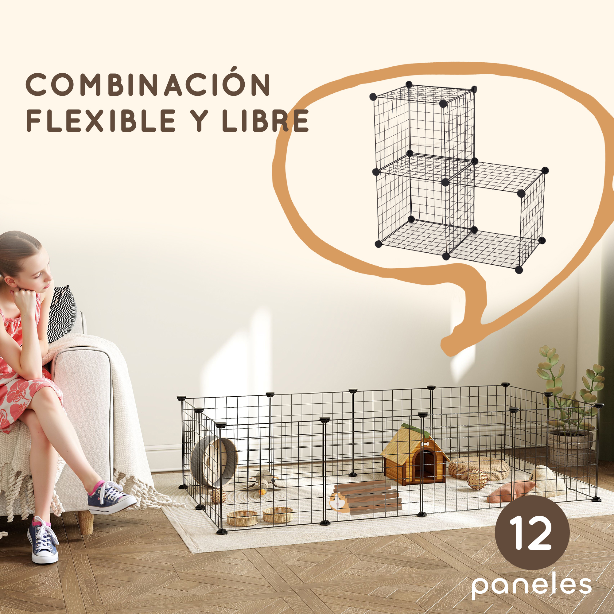 Una niña sentada en un sofá junto a un recinto de alambre para animales pequeños.