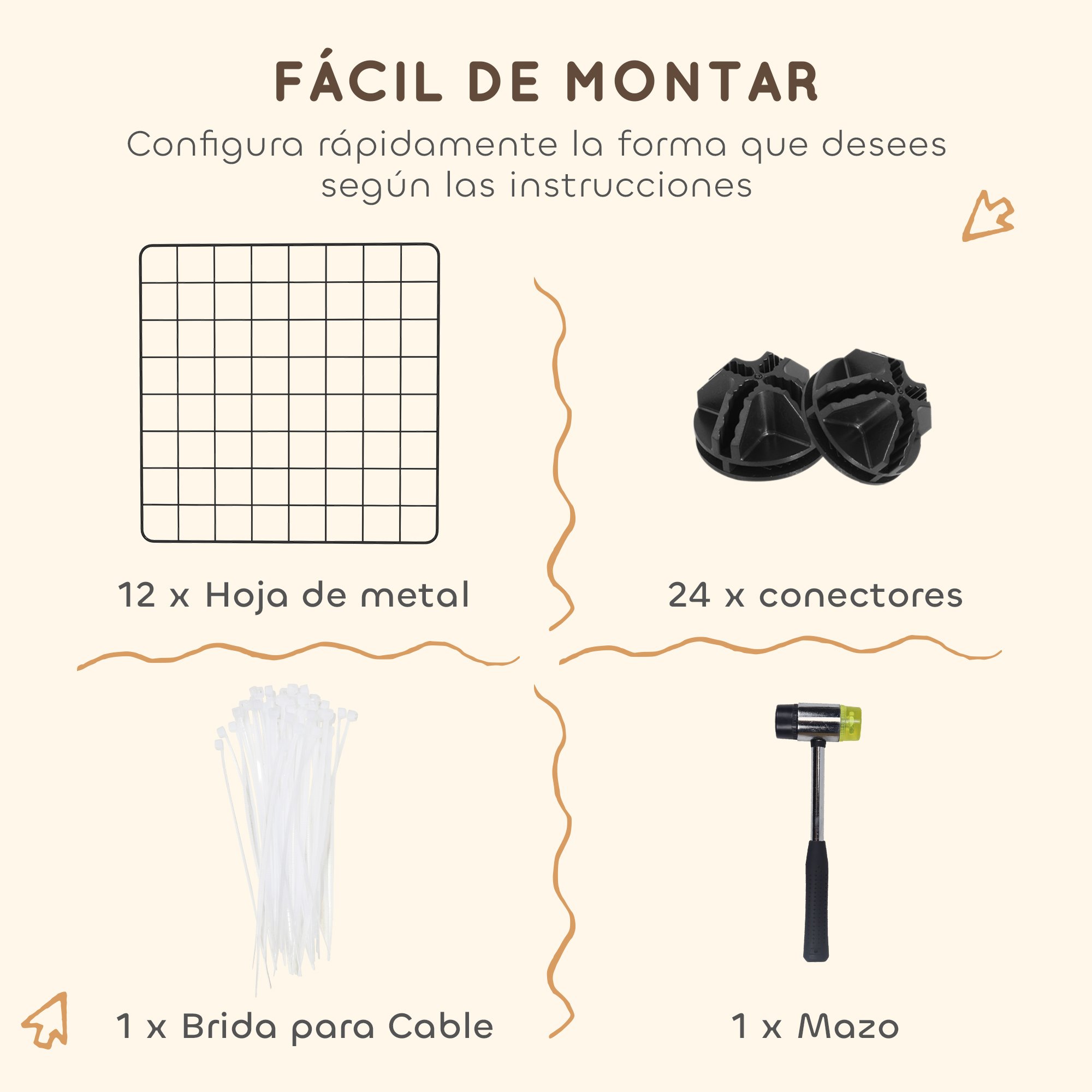 Montaje de rejillas metálicas, conectores, bridas y un mazo.