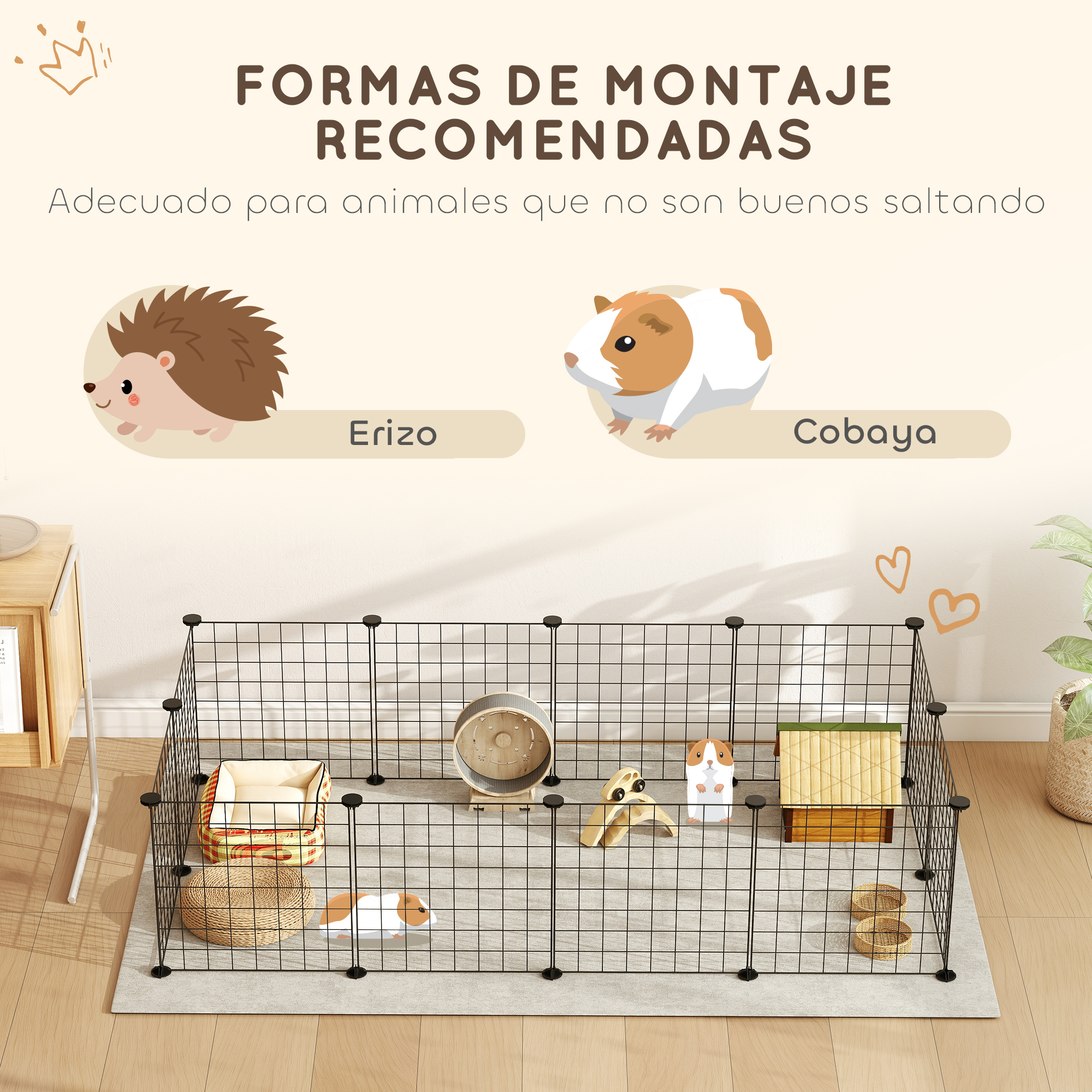 Un recinto para animales pequeños con cobayas, rueda y casa.