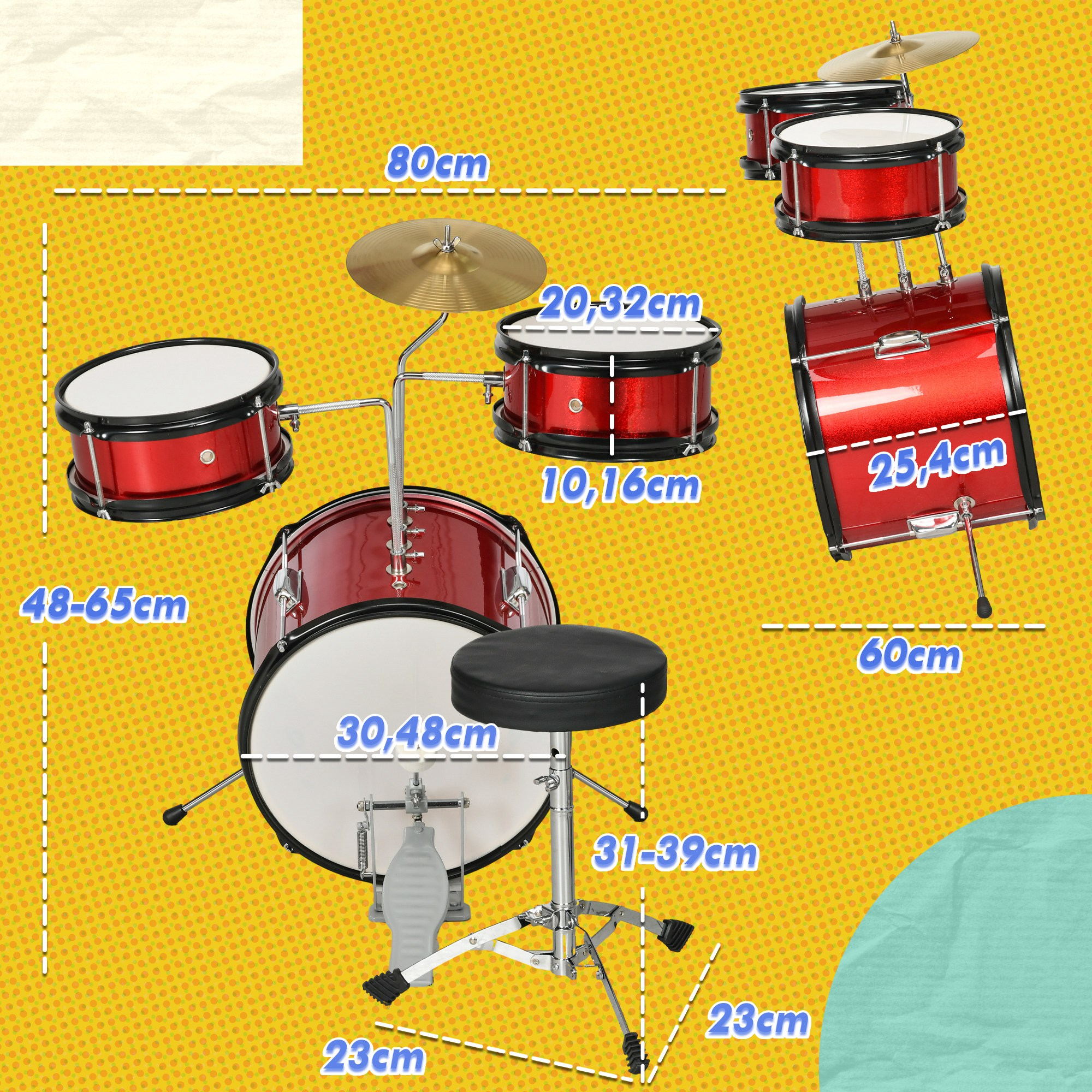 Un juego de batería rojo con platillos, tambores y taburete sobre fondo amarillo.