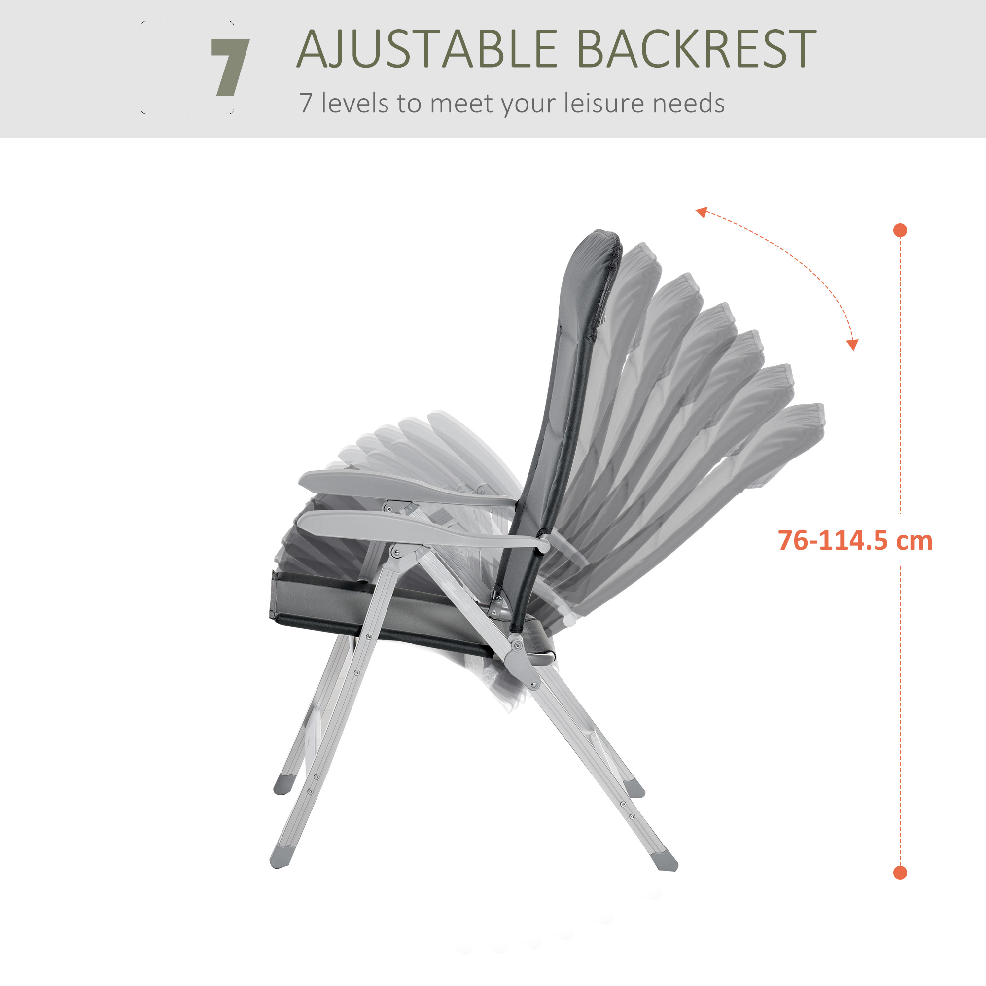 Silla ajustable con 7 niveles, altura 76-114,5 cm.