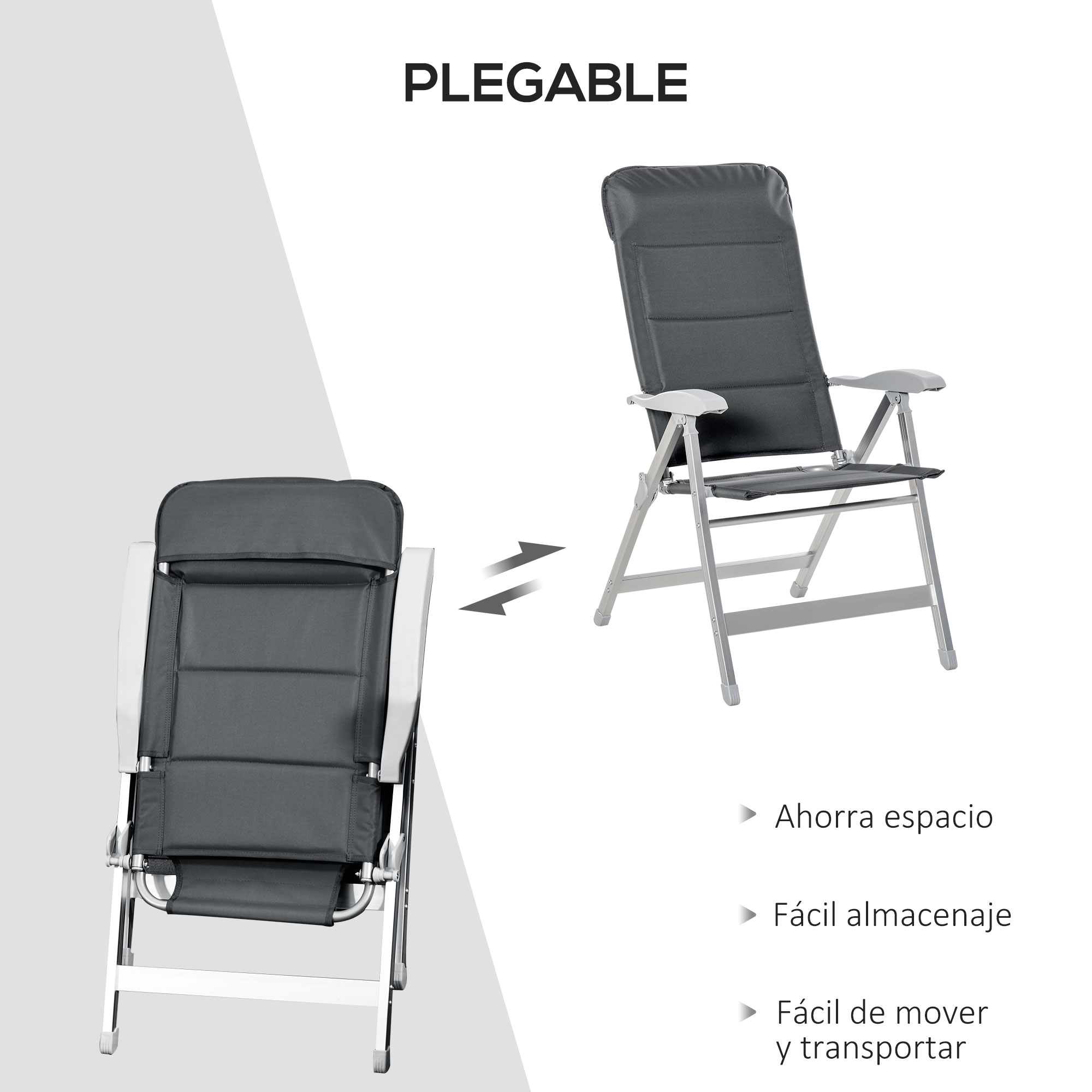 Una silla plegable gris que muestra la diferencia entre abierta y plegada.