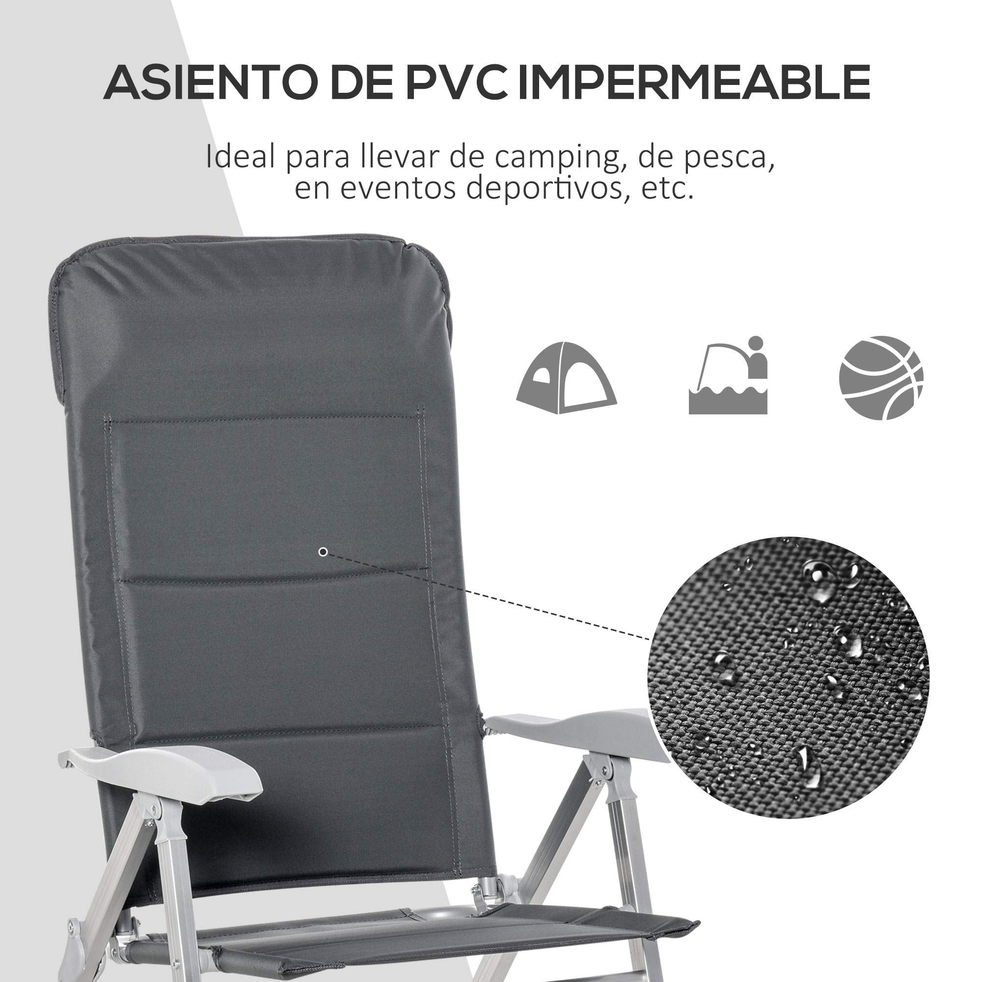 Silla de camping de PVC gris con reposabrazos e iconos de agua.