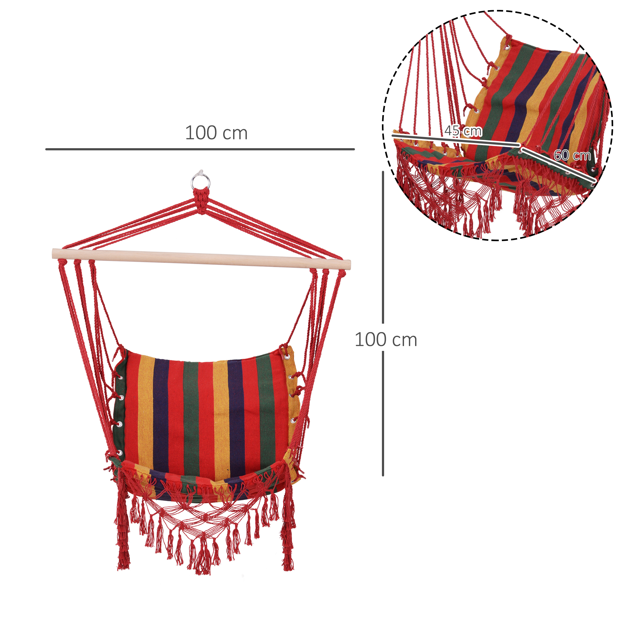 Silla hamaca colorida con flecos rojos y dimensiones.