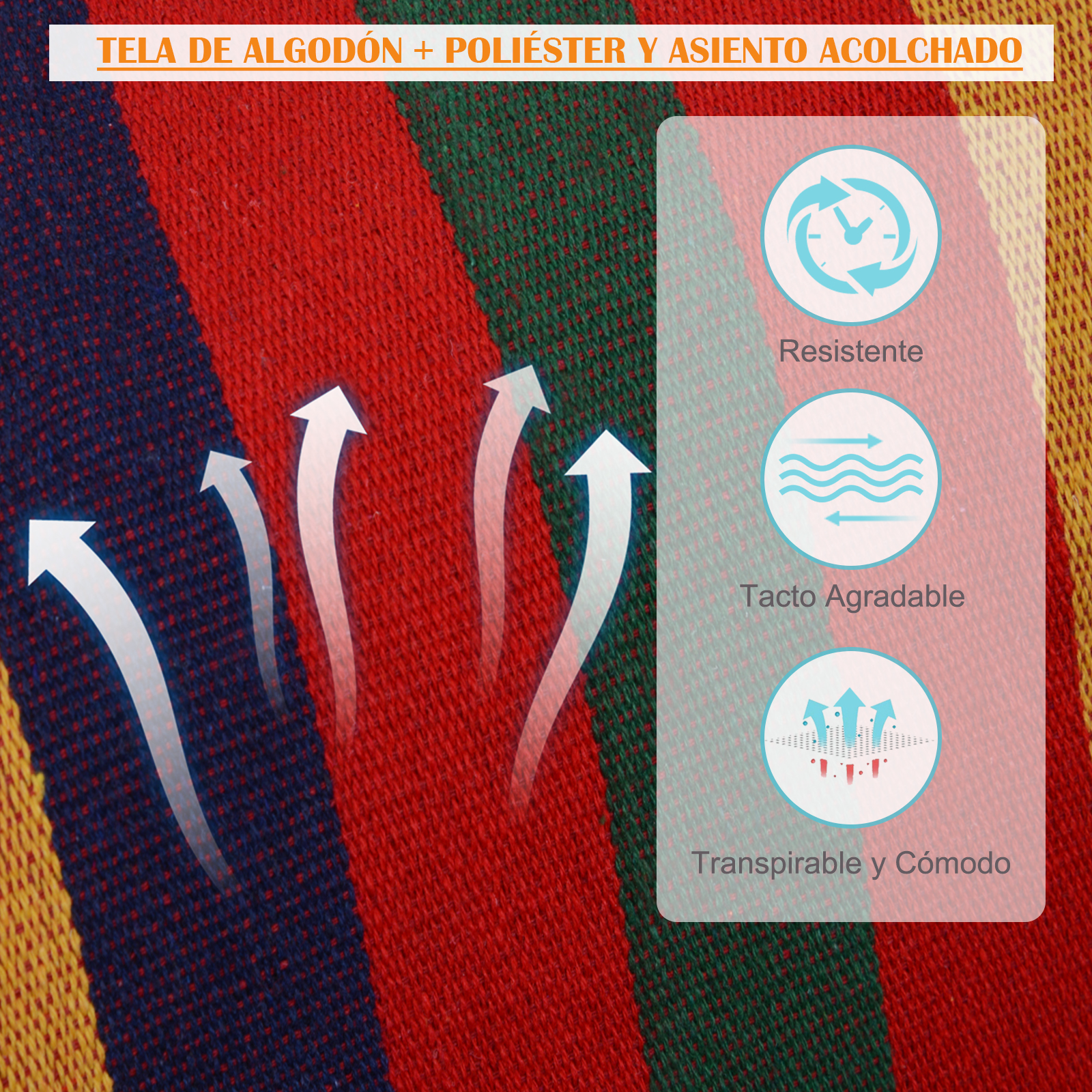 Textura de tela a rayas coloridas con iconos de transpirabilidad y confort.