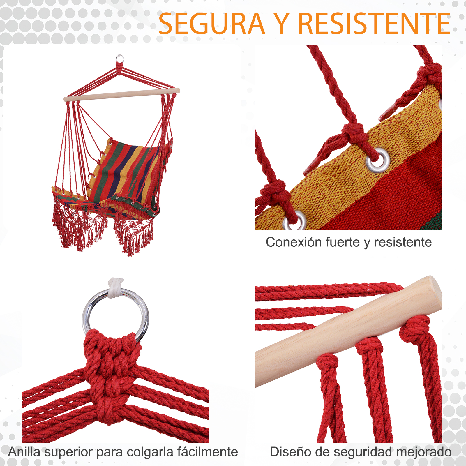 Detalles de silla hamaca colorida: suspensión, anillo, conexión de cuerda y barra madera.