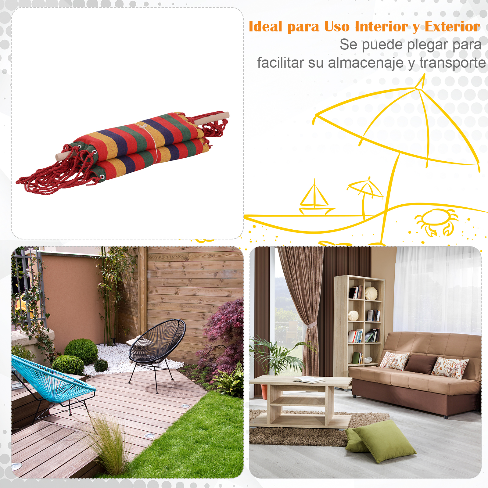 Hamaca a rayas, sillas de exterior y muebles de salón.