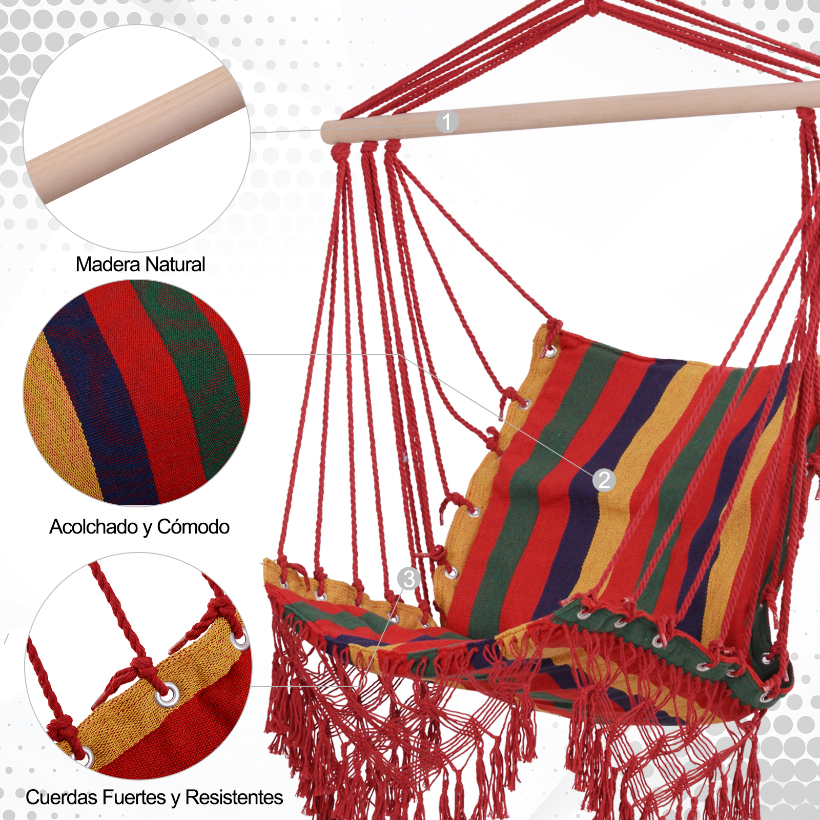 Una silla hamaca colorida con cuerdas rojas y barra de madera.