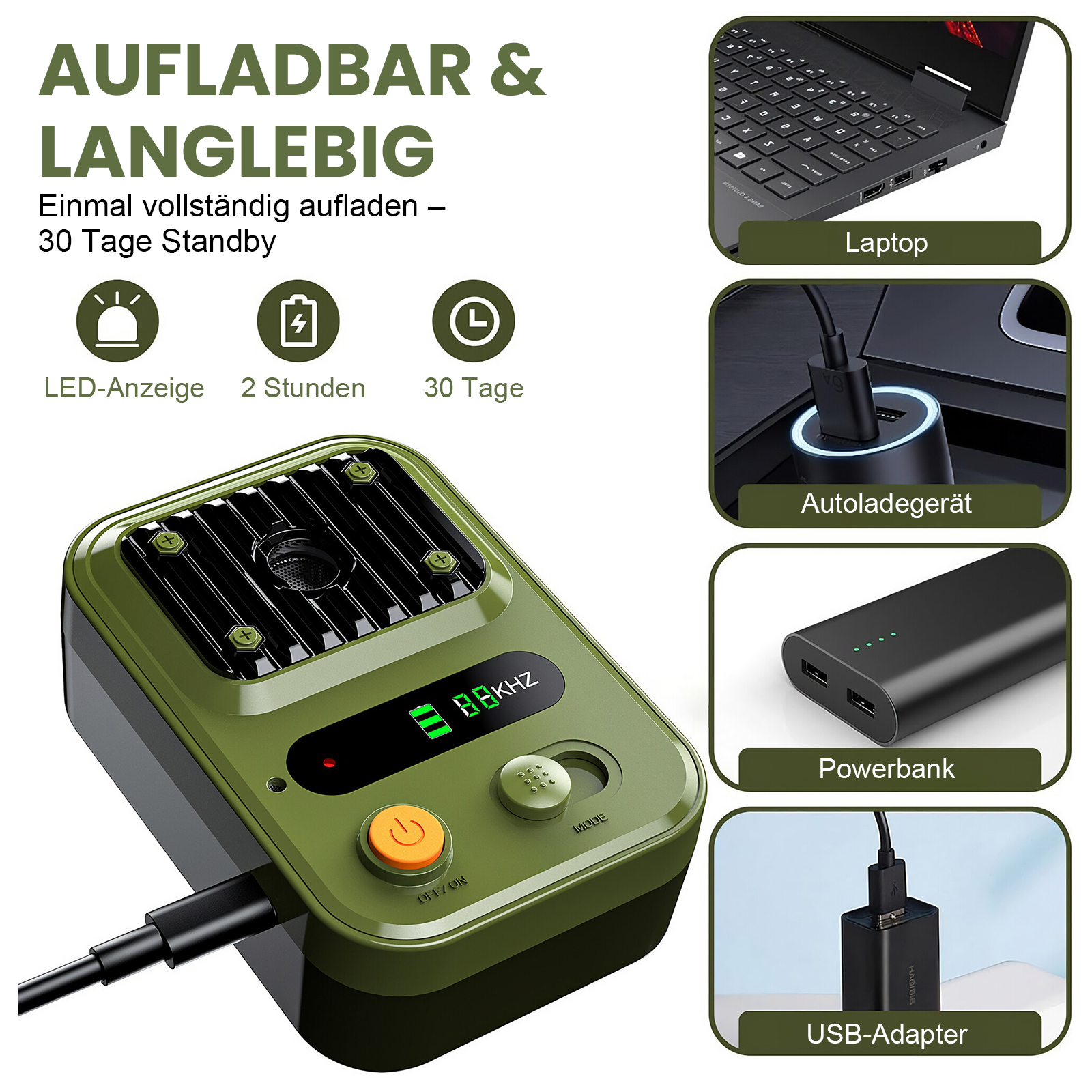 Grünes Gerät mit LED-Anzeige, Ladeanschluss und Tasten. Daneben Laptop, Autoladegerät, Powerbank und USB-Adapter.