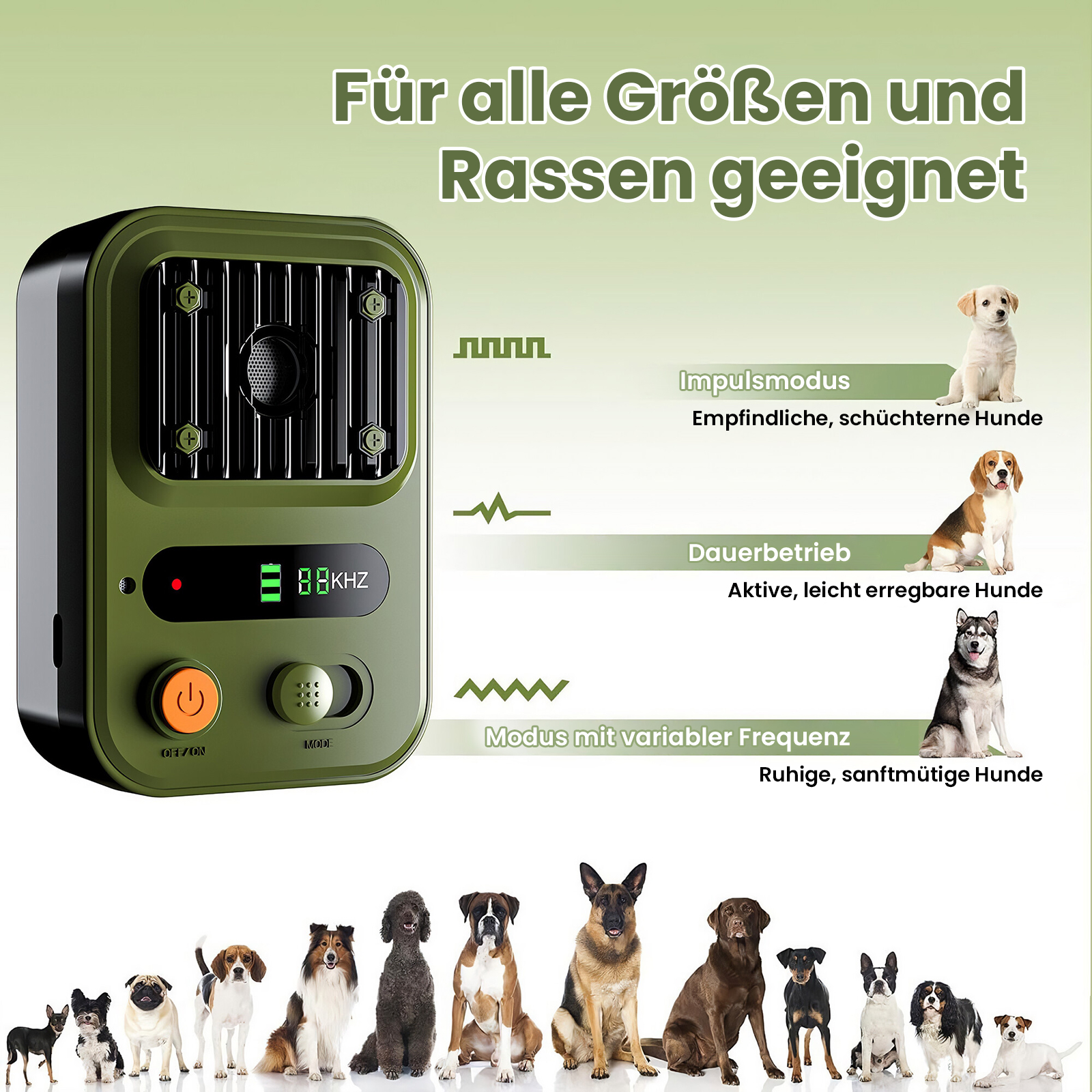 Grünes Hunde-Ultraschallgerät mit verschiedenen Hunden und Modi.