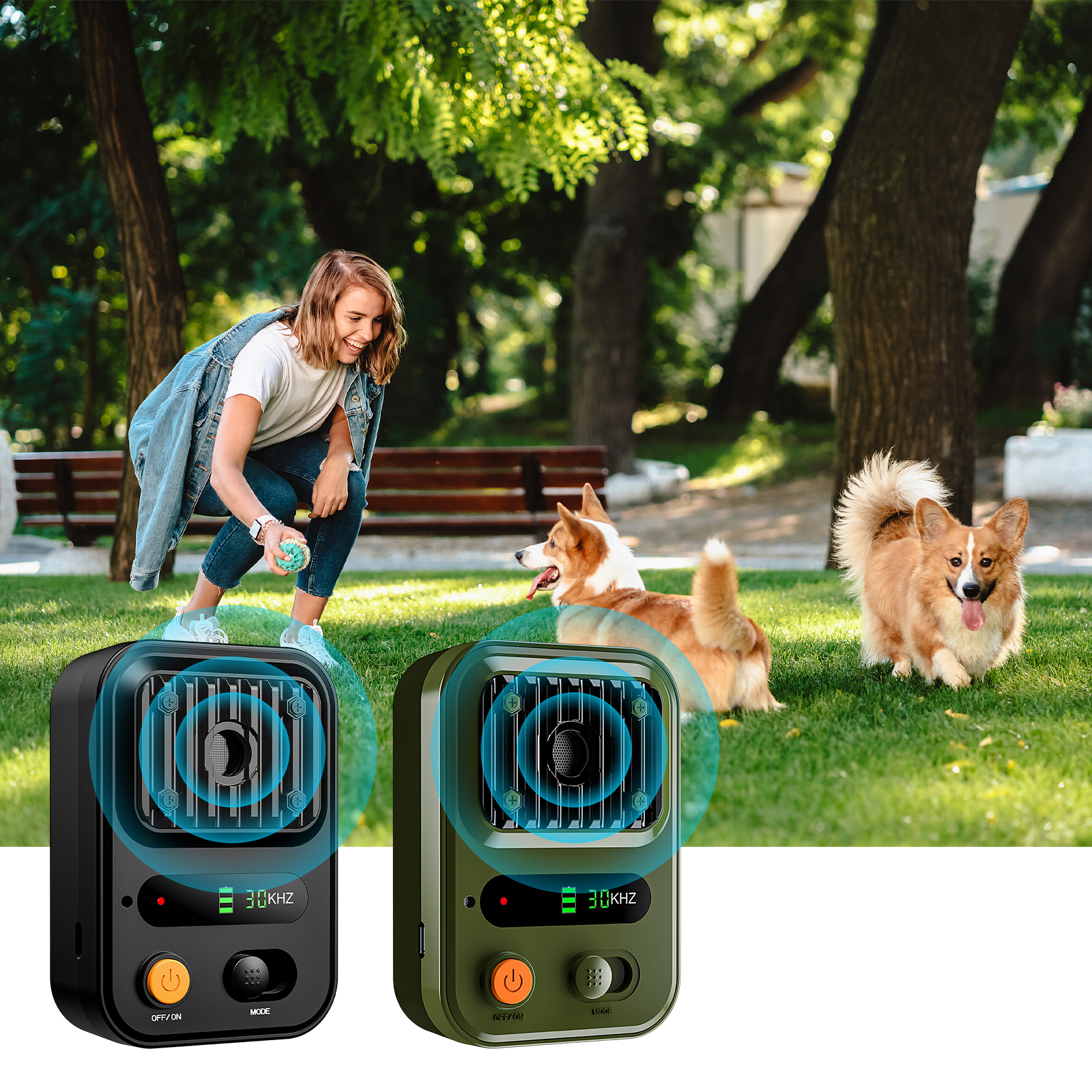 Eine Frau wirft Spielzeug für zwei Corgis in einem Park. Zwei Geräte sind im Vordergrund.