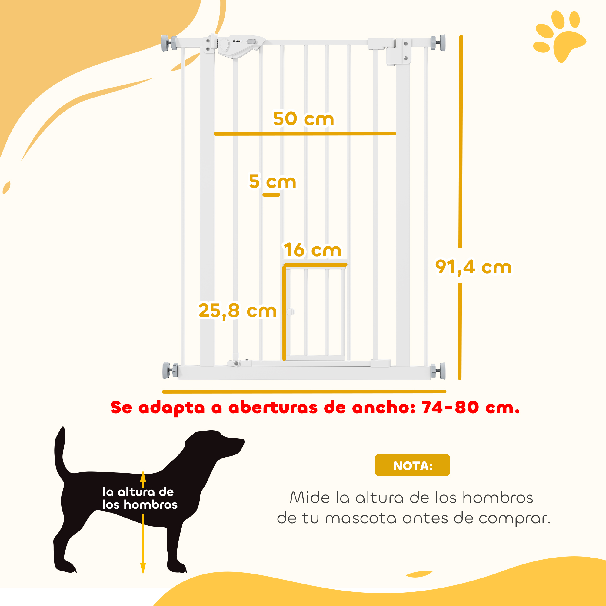 Barrera blanca para mascotas con medidas y silueta de perro.