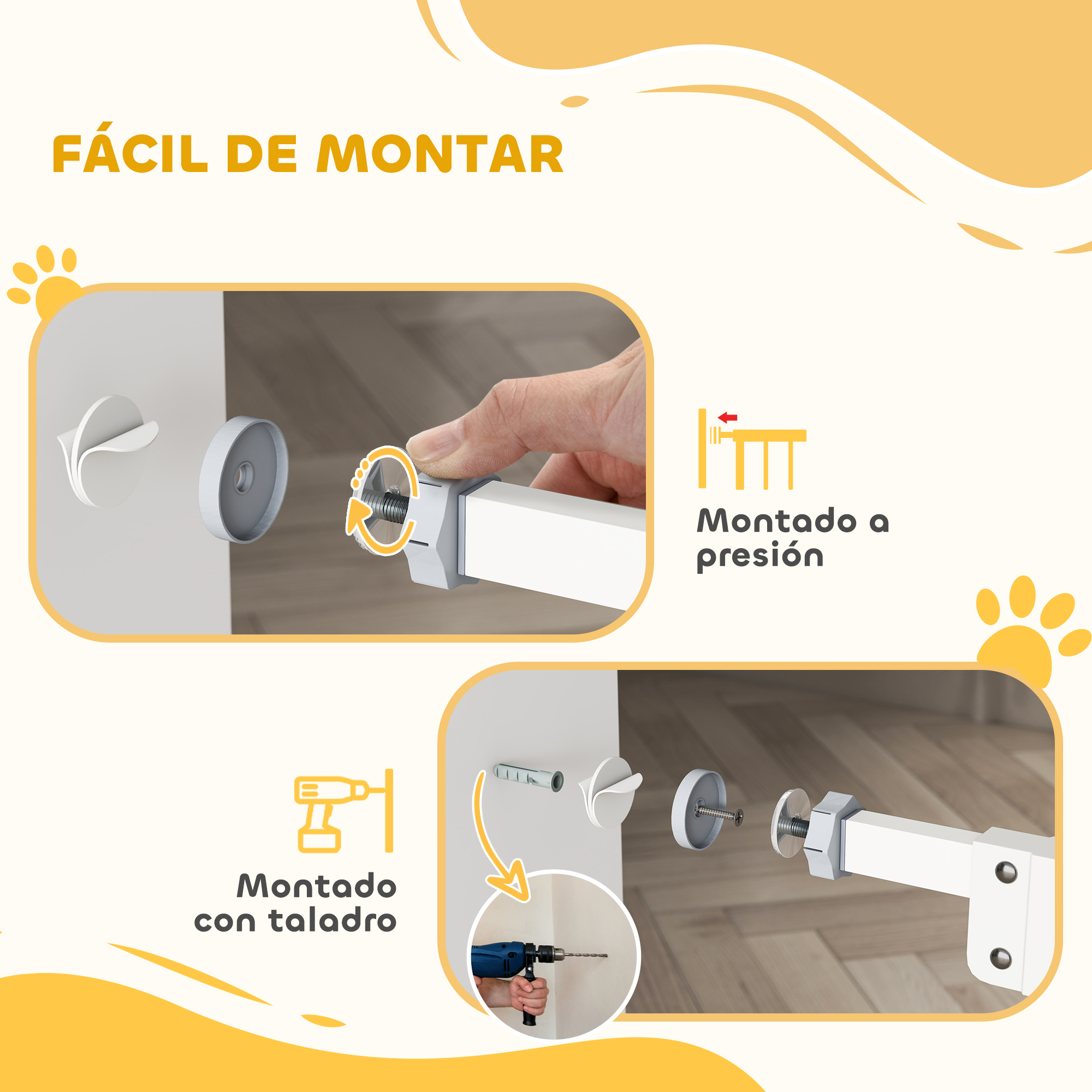 La imagen muestra dos métodos de instalación para una puerta blanca: montaje a presión y con taladro.