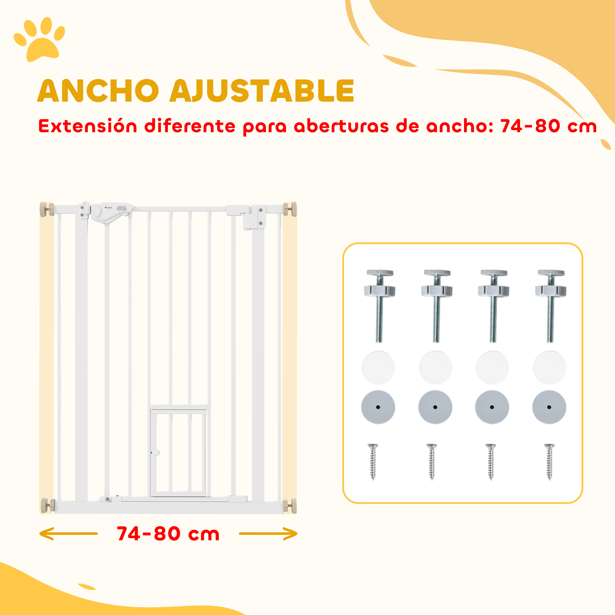 Puerta blanca ajustable con herrajes y tamaño 74-80 cm.