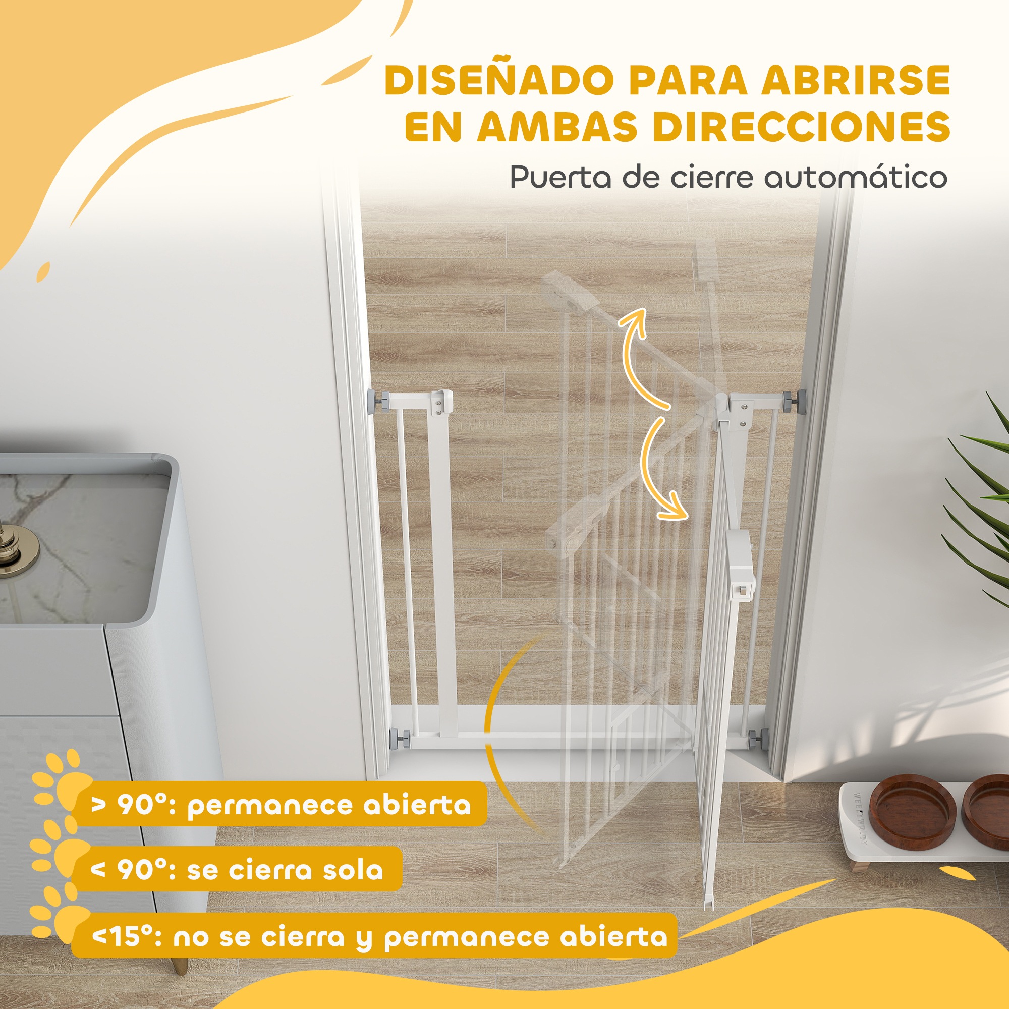 Una barrera blanca para bebés de apertura bidireccional, mostrada en un pasillo.