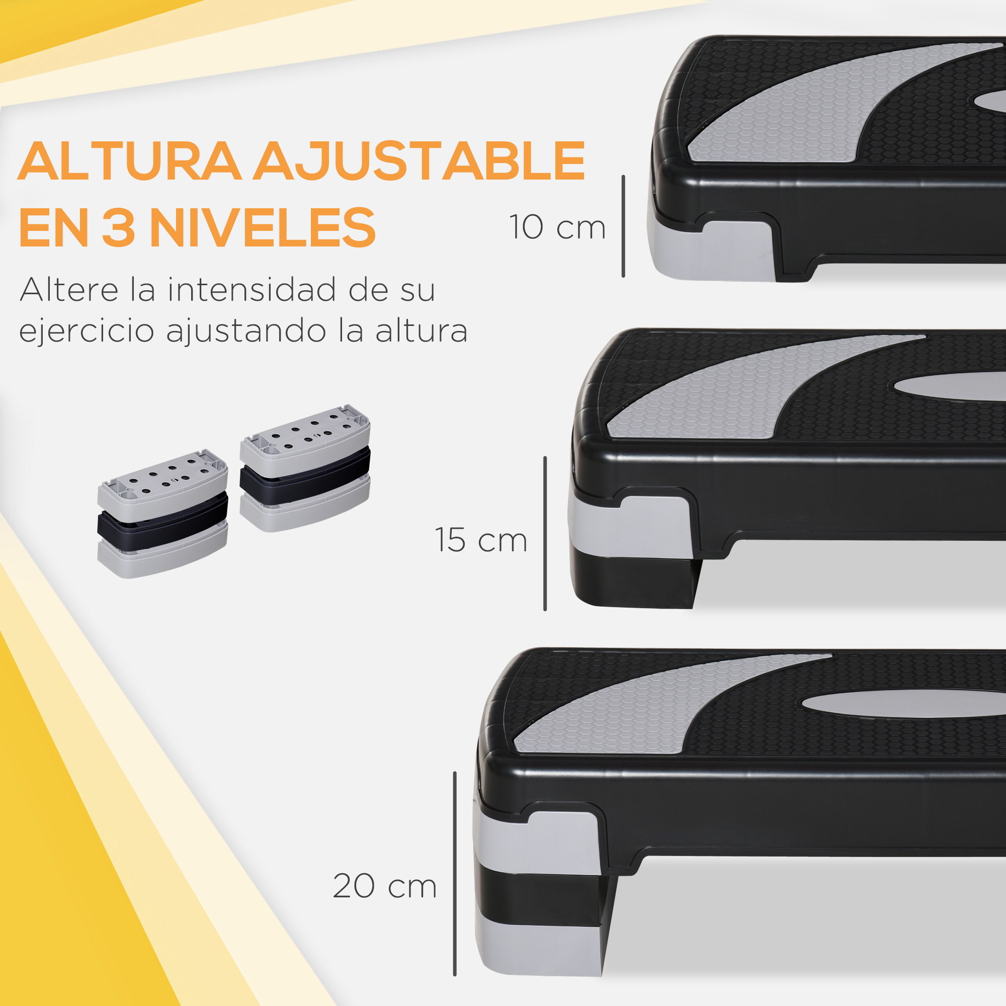 Step aeróbico ajustable en 3 alturas: 10, 15, 20 cm. Negro y gris.