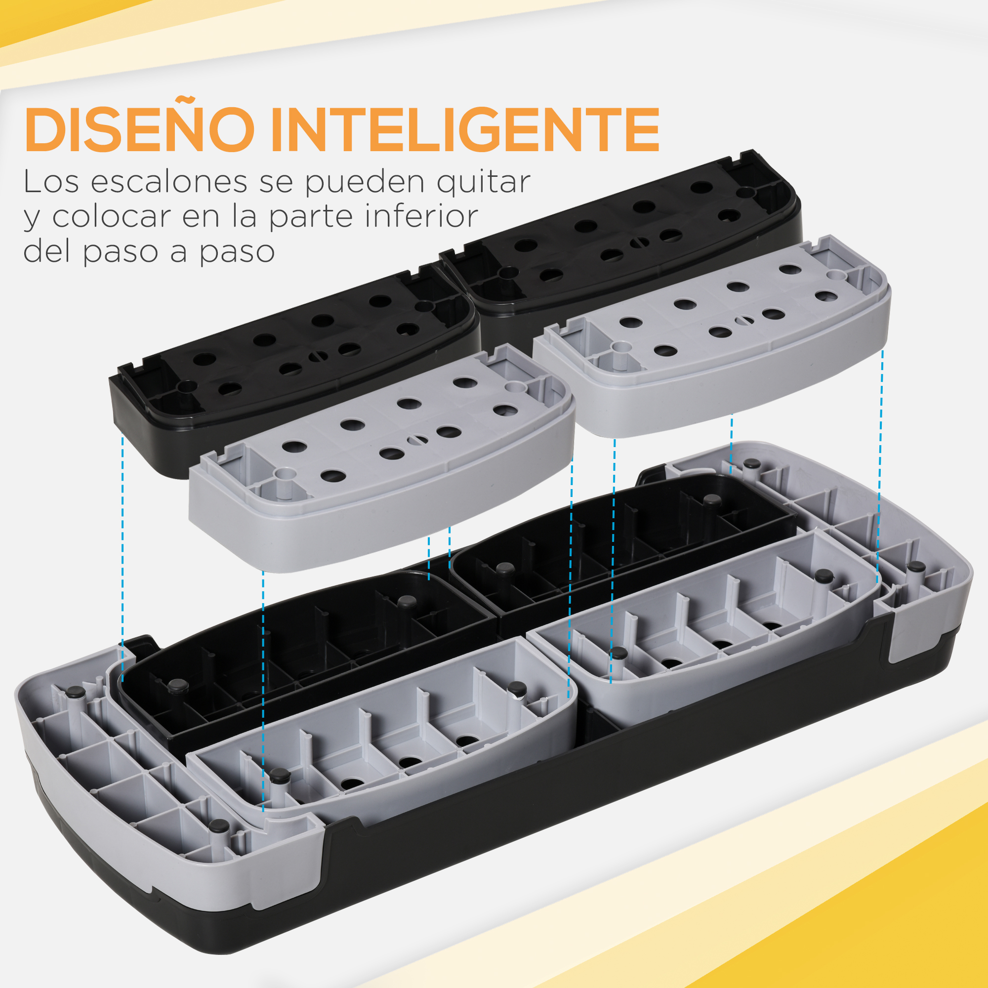 Elevadores de escalón de ejercicio negros y grises mostrados desmontados.